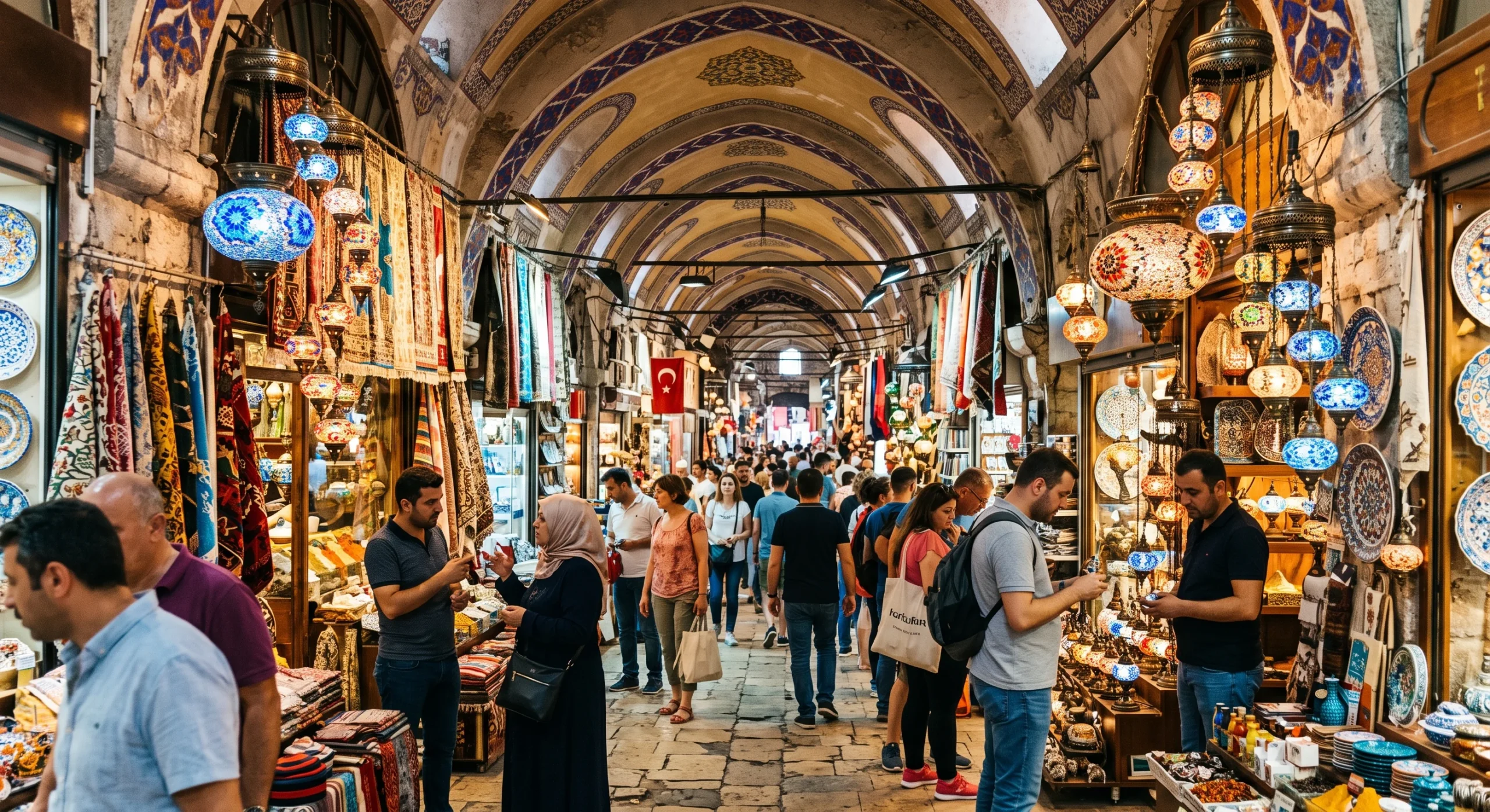 Bustling covered market alley inside the Grand Bazaar, ornate arched ceilings overhead, colorful lanterns and textiles hanging from stalls, shoppers browsing between narrow rows of shops, warm indoor lighting, vibrant candid market composition.