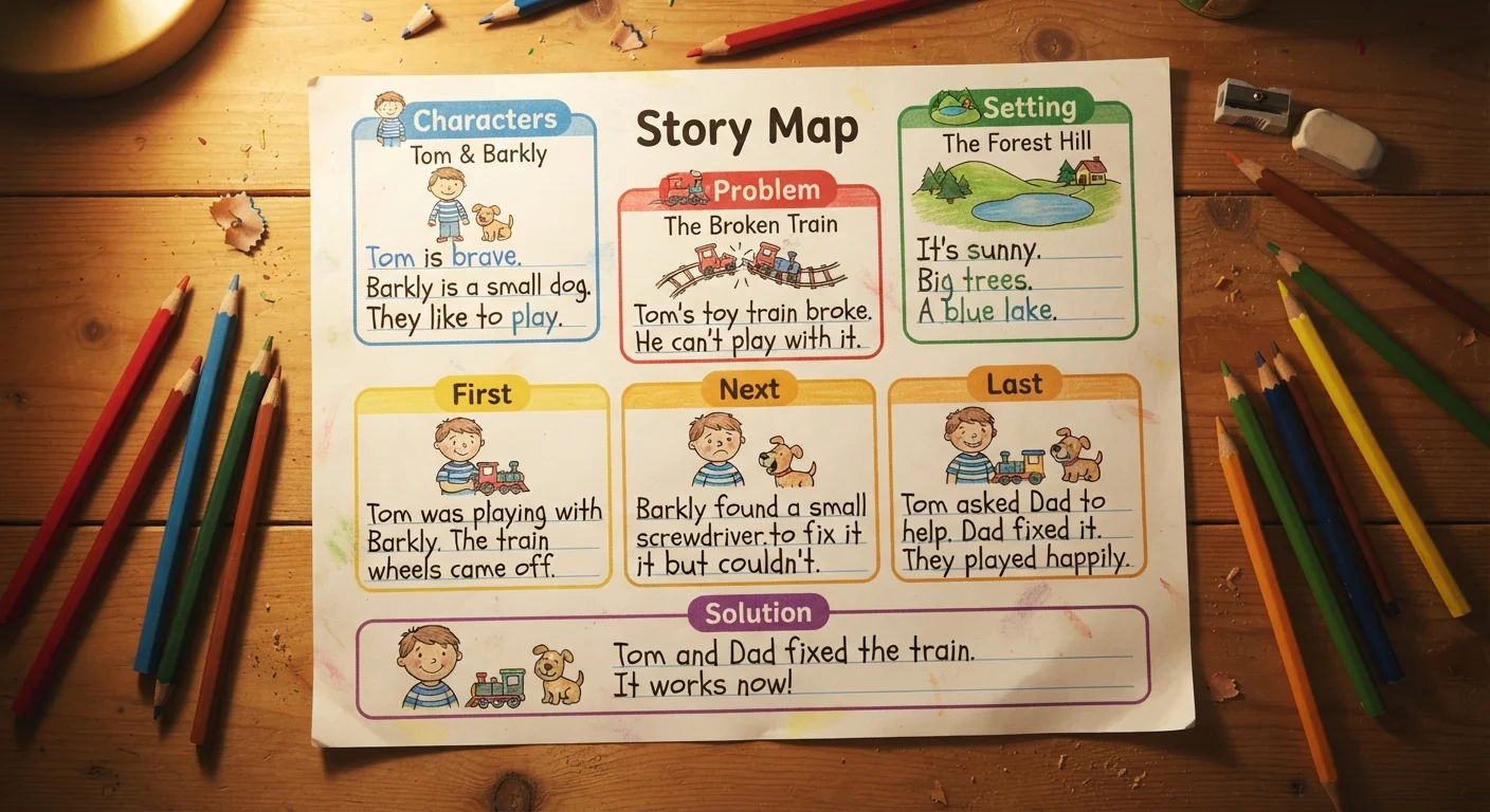 Story map sheet filled in by hand, with separate boxes and colored pencils scattered around it