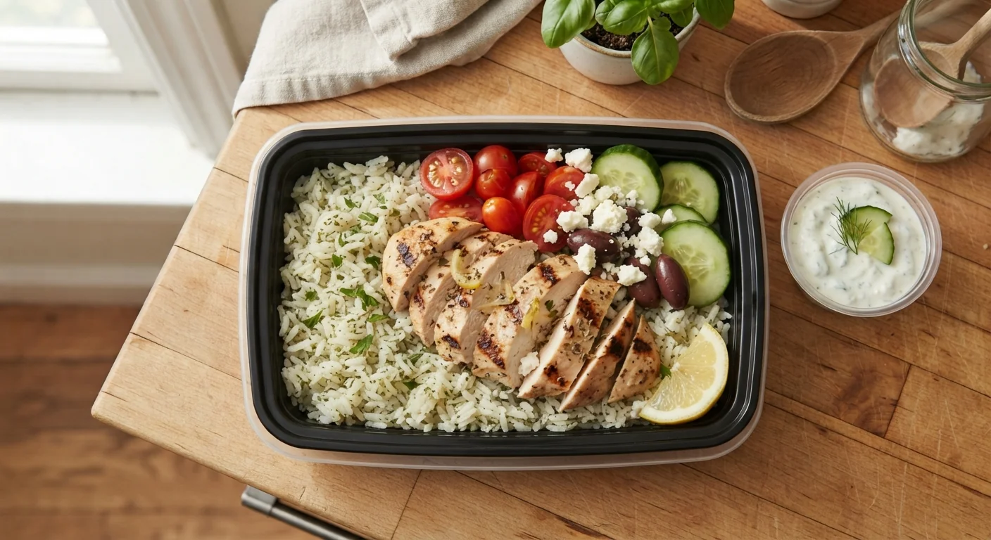 Overhead shot of a Greek-style meal prep bowl with grilled chicken, cucumber, cherry tomatoes, feta cheese, and rice, a small container of tzatziki visible on the side, bright natural light, fresh Mediterranean food photography.