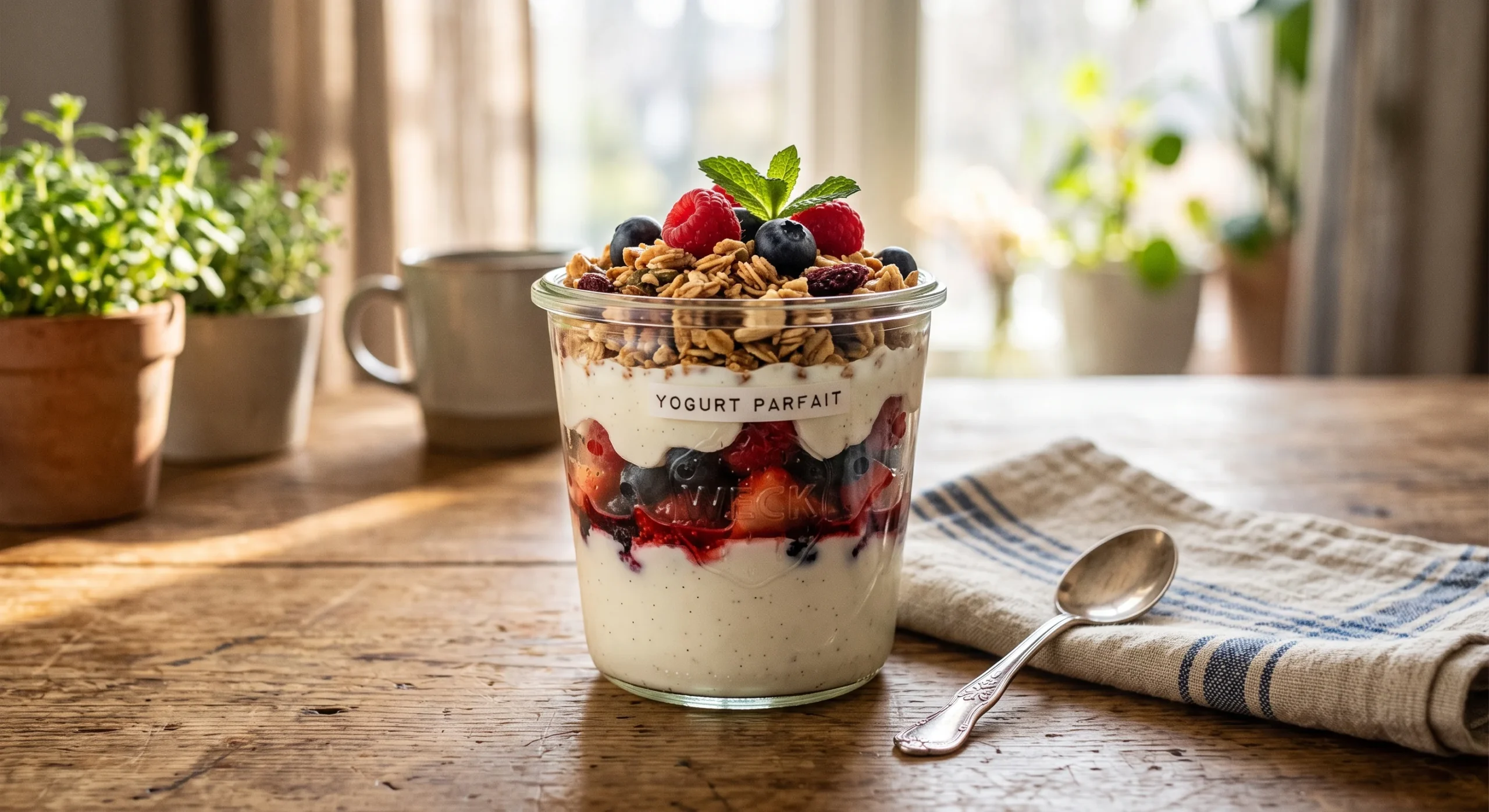 A clear glass jar layered with Greek yogurt, fresh berries, and granola, warm morning light streaming across a wooden table, a small spoon resting beside it, close inviting breakfast composition.