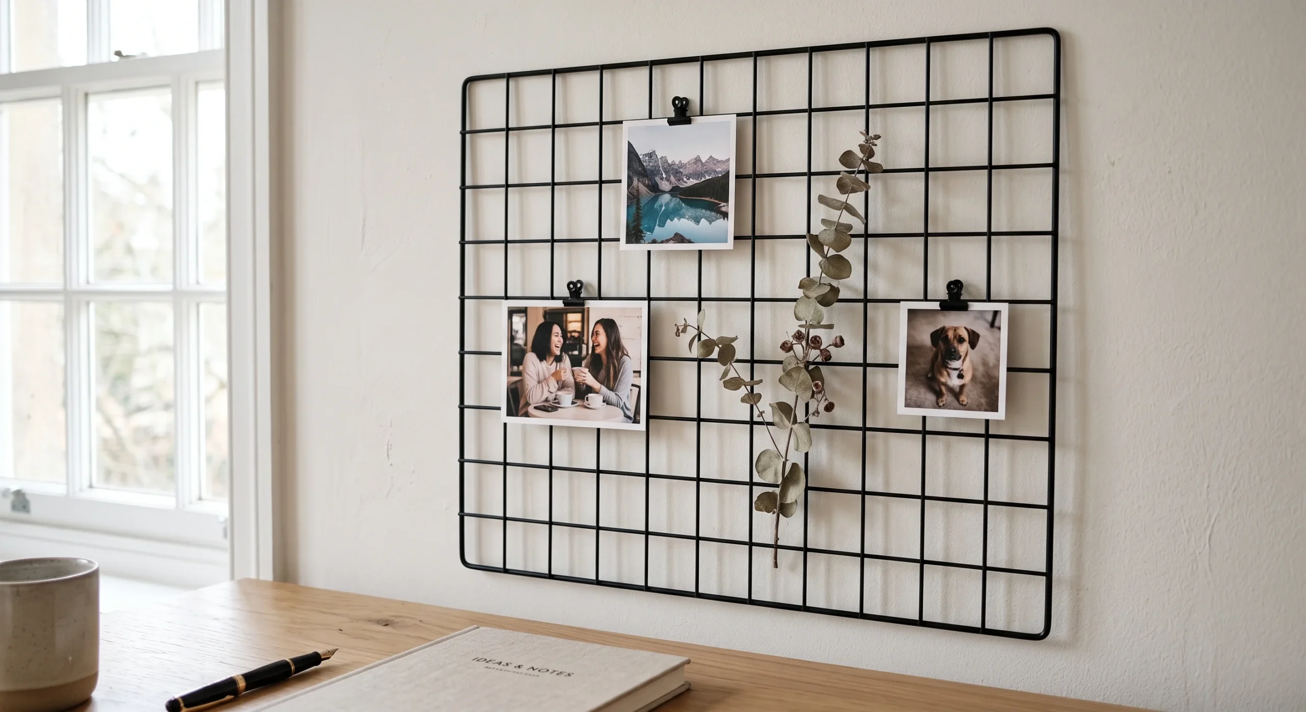 A slim black metal grid panel hanging above a desk, holding several clipped photos and a dried flower stem, soft daylight from a side window, close shot emphasizing the geometric grid lines against a pale wall.