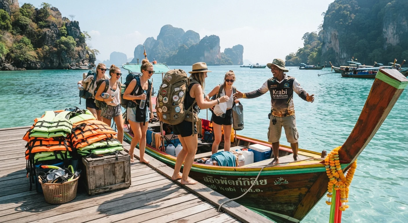 Small group of backpackers boarding a longtail boat for a day tour, guide gesturing toward the water, colorful life jackets stacked nearby, bright tropical daylight, candid group travel documentary composition.