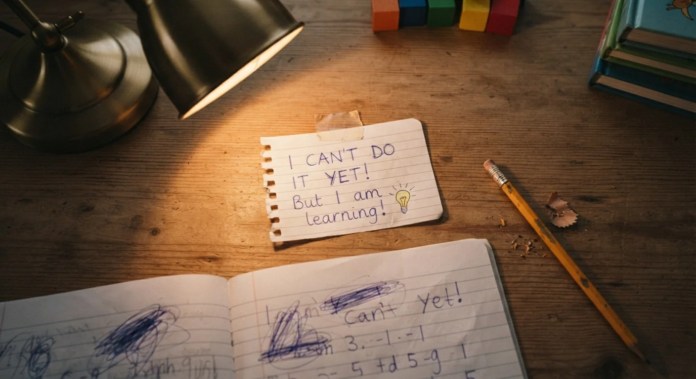 A small handwritten note reading a growth mindset phrase taped near a child's desk, a pencil resting beside an open notebook, warm desk light, close overhead shot of the note and notebook.