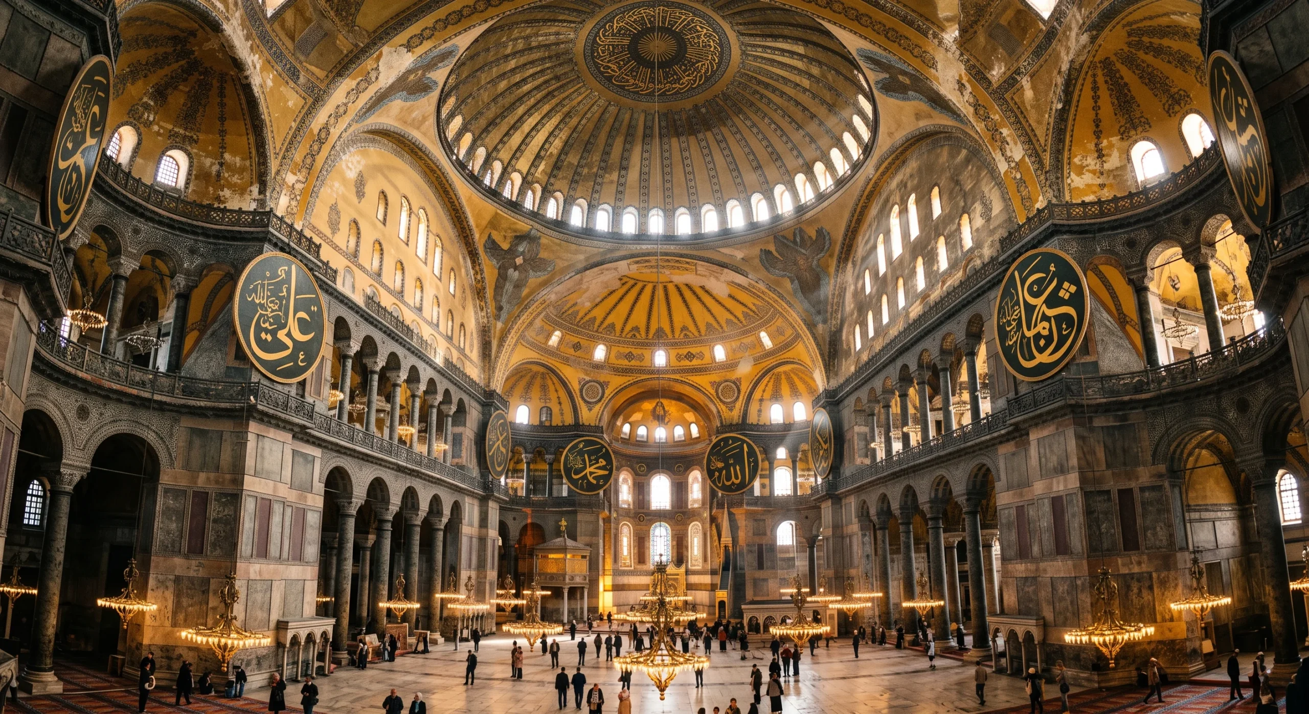 Wide interior shot of Hagia Sophia's massive central dome, shafts of light streaming through high windows onto ancient mosaics and Islamic calligraphy medallions side by side, visitors small in scale beneath the towering architecture, awe-inspiring documentary composition.