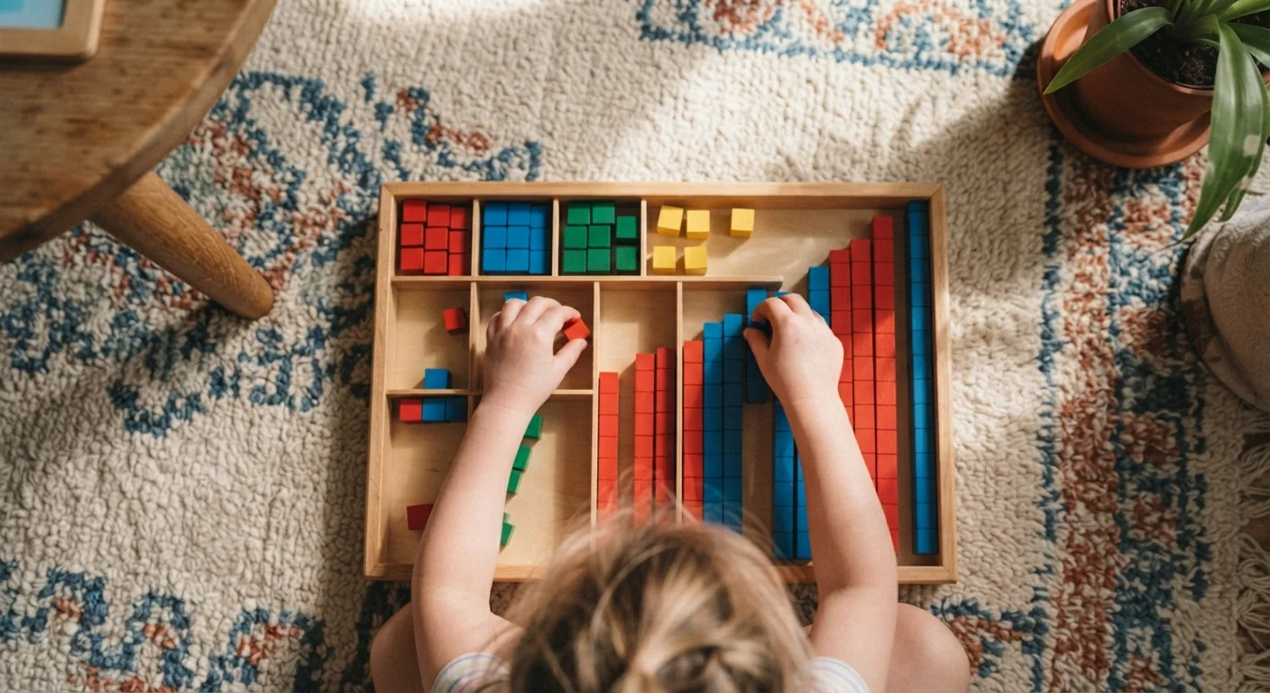 A tray of colorful counting blocks and number rods arranged on a rug, a child's hands mid-arrangement, warm daylight, close overhead shot emphasizing the physical manipulatives.