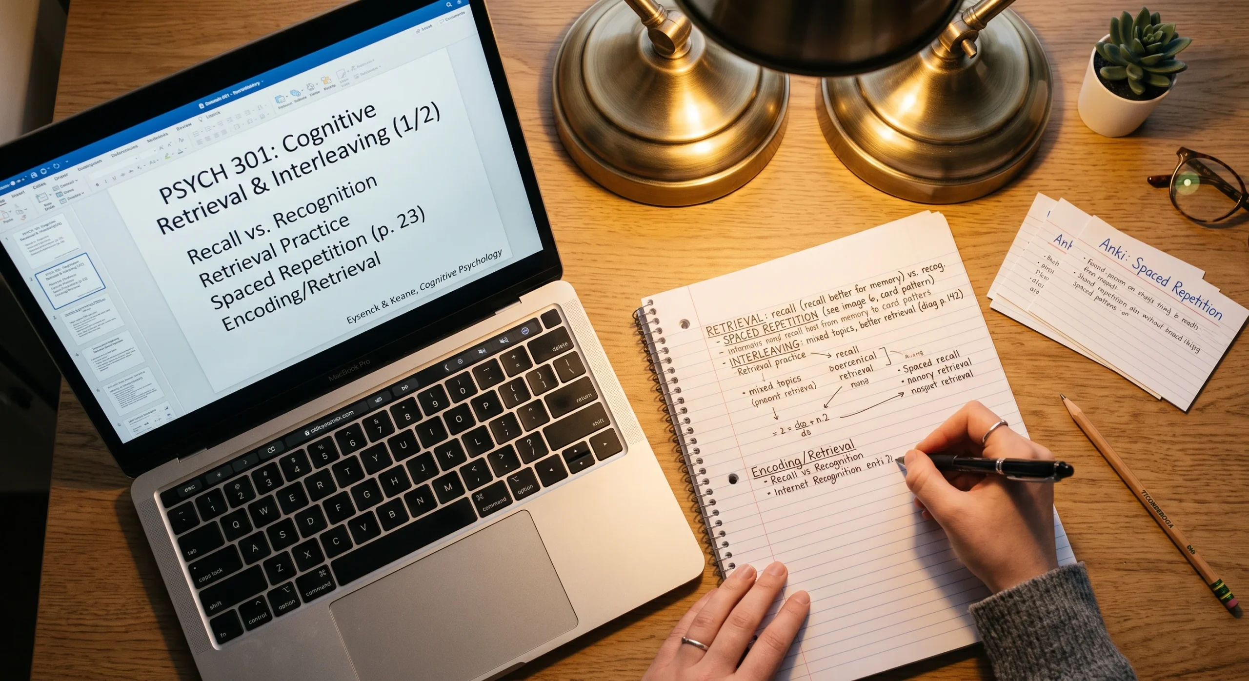 A hand writing condensed notes on lined paper beside a laptop displaying a lecture slide, warm desk lamp light, close overhead shot emphasizing the handwritten summary versus the typed source material.