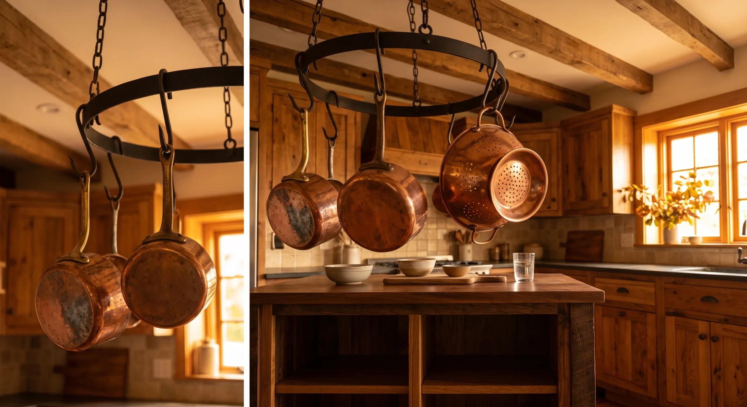 A ceiling-mounted pot rack above a small kitchen island holding a few copper pots and a colander, warm golden kitchen light, close upward-angle shot emphasizing the suspended cookware and reclaimed cabinet space below.