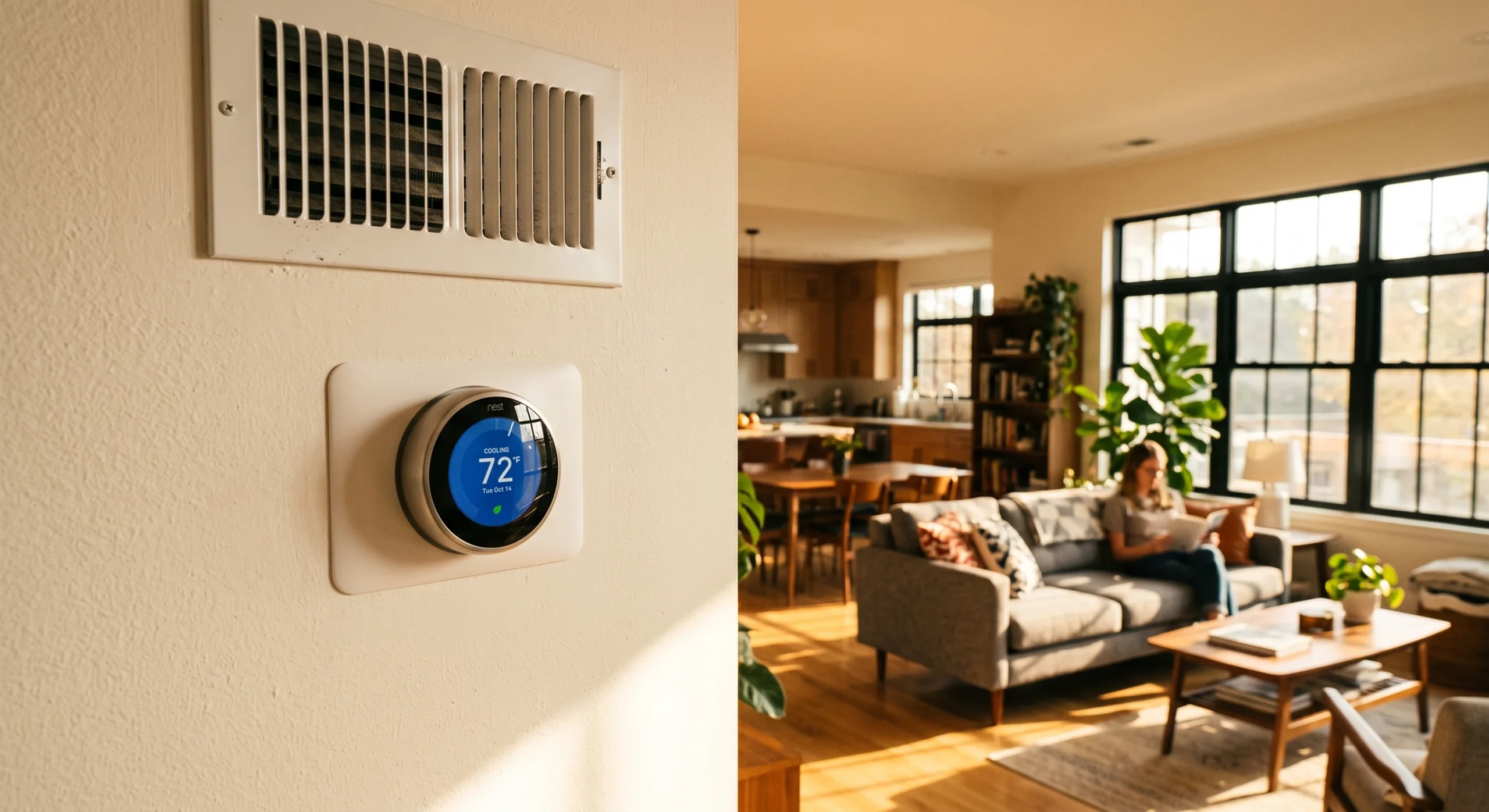 A thermostat mounted on a wall in an open floor plan living area, visible ductwork vent nearby, warm afternoon light streaming through large windows across the connected space, close angled shot emphasizing the single shared climate zone.