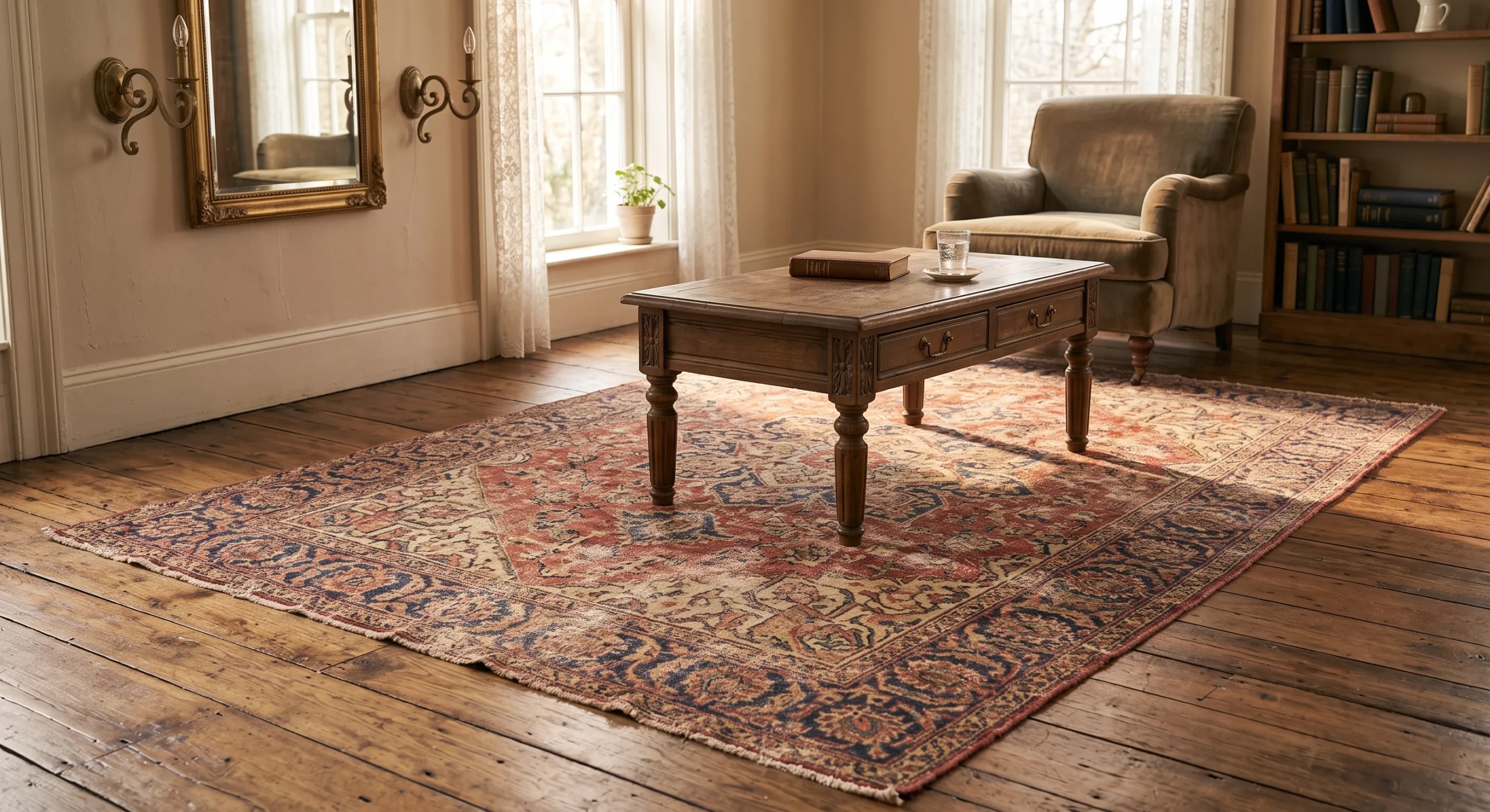 A low wood console with closed cabinet doors concealing storage, a single small object styled on top, warm natural light, close shot emphasizing the clean, closed surface with no visible clutter.