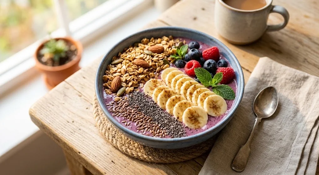 A thick smoothie bowl topped with granola, sliced banana, and chia seeds, warm natural morning light, close vibrant overhead composition emphasizing colorful toppings.