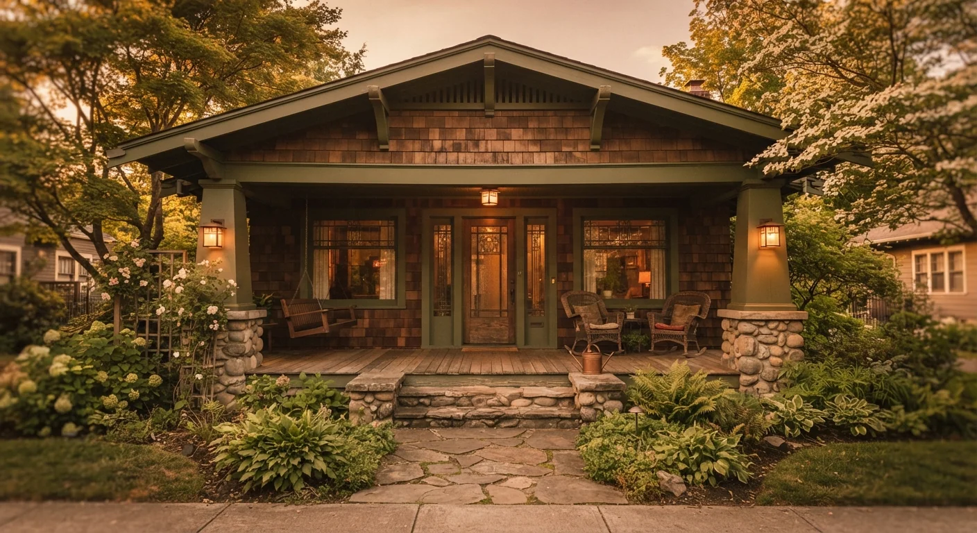 Warm nostalgic photograph of a well-preserved Craftsman bungalow porch with original wood columns and vintage light fixtures, soft golden hour light, inviting historic residential photography composition.
