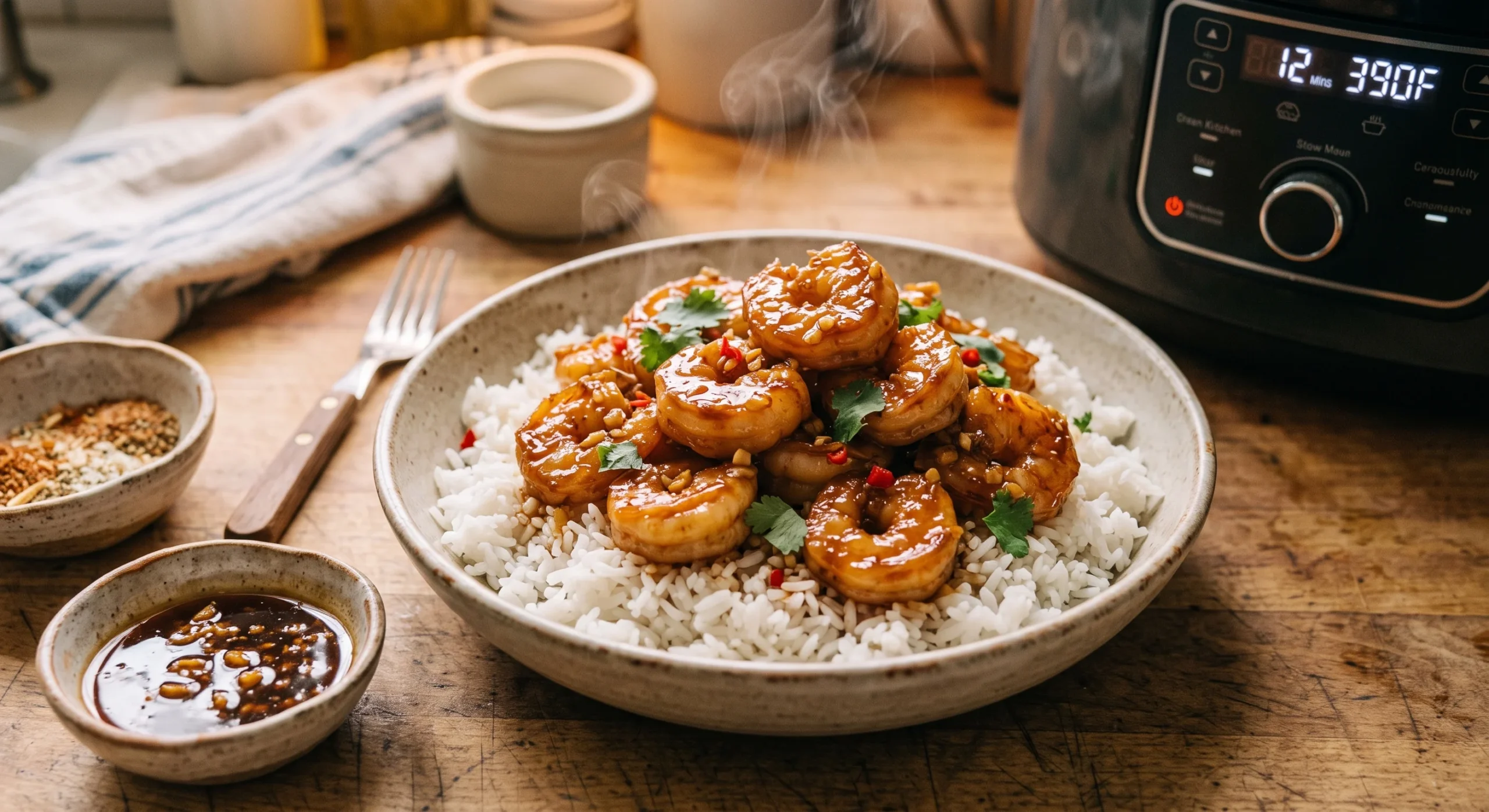 A shallow bowl of glossy honey garlic glazed shrimp piled over white rice, steam rising gently, warm kitchen table lighting, a small dish of extra glaze nearby, close inviting composition.