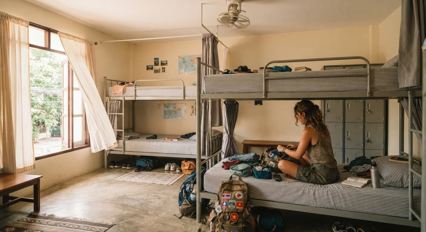 Interior shot of a clean backpacker hostel dorm room with six bunk beds, personal lockers along one wall, a fan overhead, a backpacker organizing gear on a lower bunk, warm natural daylight through an open window, candid lived-in composition.