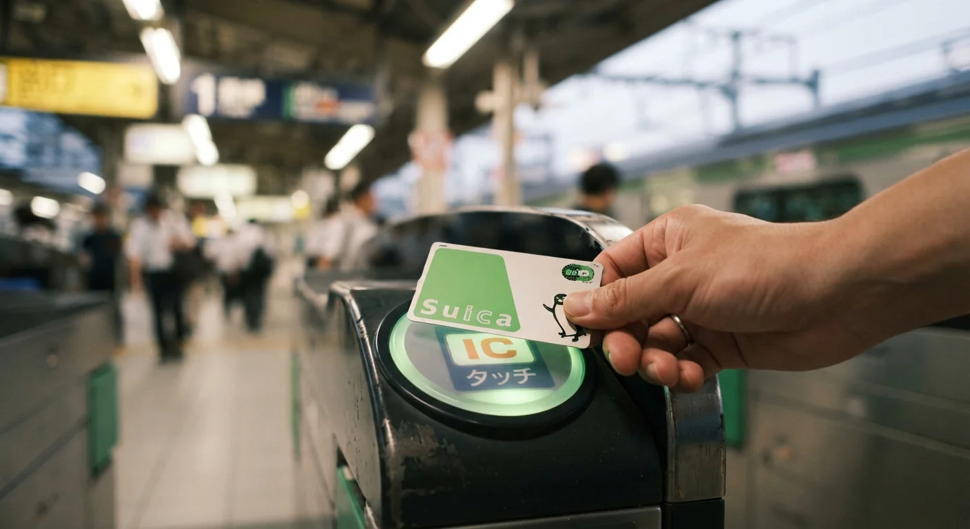 Close-up of a hand tapping an IC transit card against a ticket gate reader, blurred train platform in the background, soft fluorescent station lighting, shallow depth of field emphasizing the card and reader interaction.
