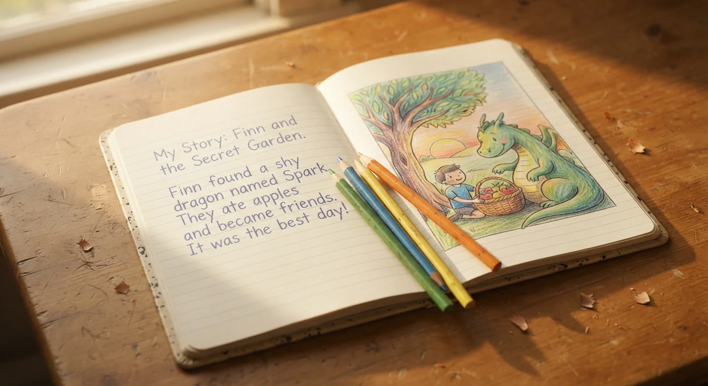 Open journal with a hand-drawn story scene above a short handwritten summary, with colored pencils