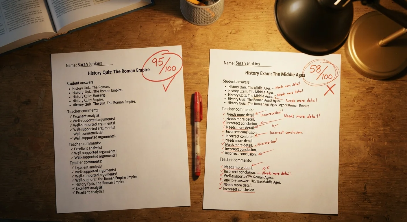 Two graded test papers from the same student placed side by side, one scoring high and one scoring low, warm desk lamp light, close overhead shot contrasting the two very different scores.