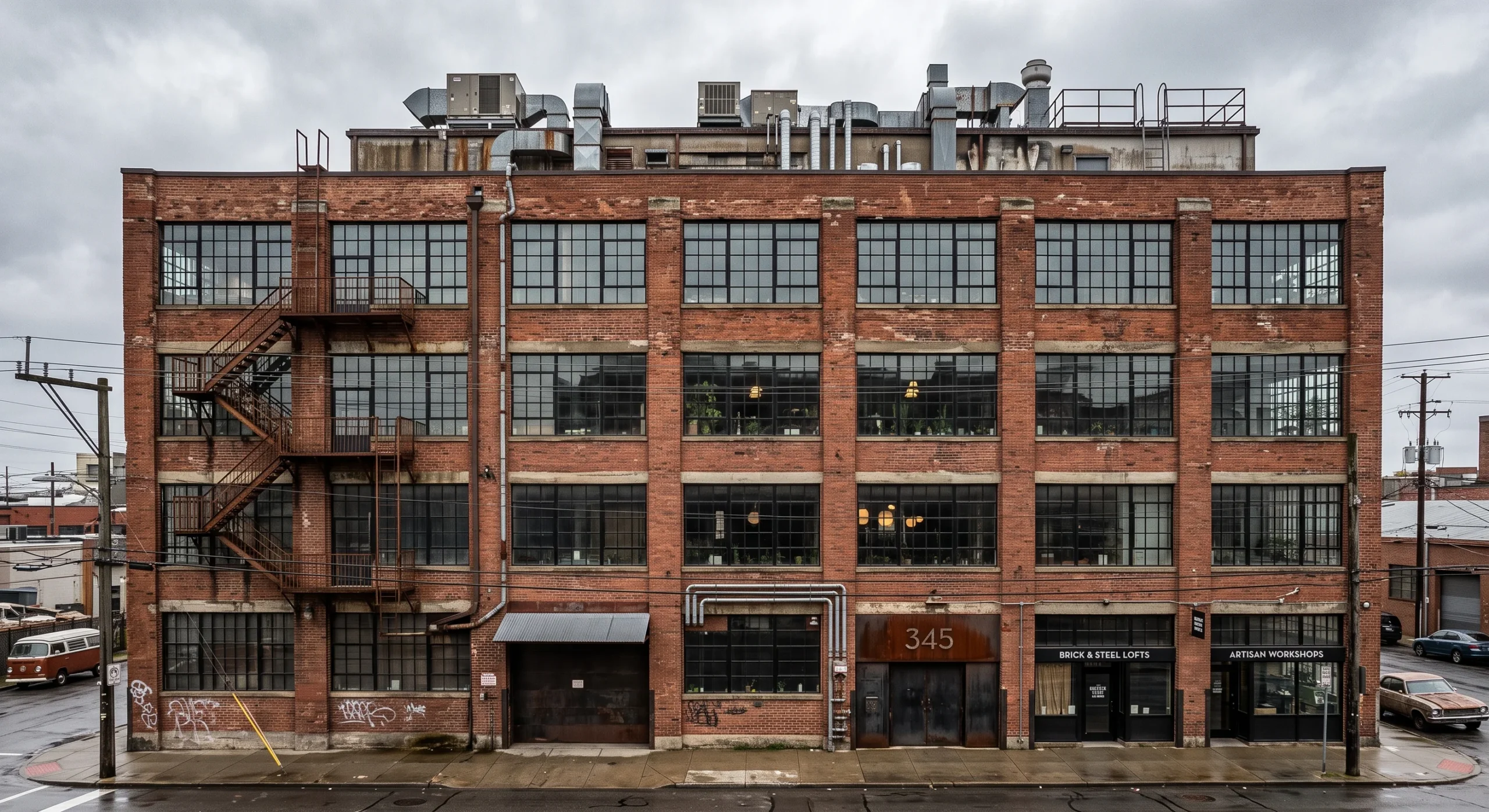 A converted Industrial-style loft exterior with exposed red brick, large steel-framed factory windows in a grid, a flat roof with visible rooftop mechanical units, weathered metal accents, overcast daylight, straight-on shot emphasizing the brick and steel window grid.
