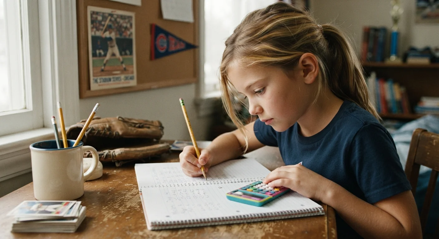 A child calculating scores from a favorite sport or game using a notebook, a small poster of the sport in the background, natural light, three-quarter angle capturing the personalized connection.