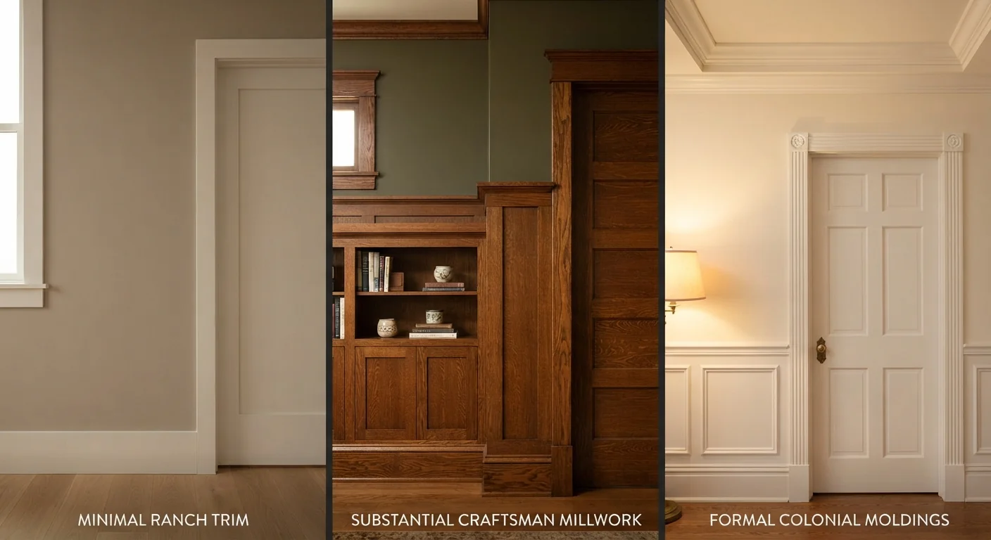 Close-up interior photograph comparing trim and millwork: minimal ranch baseboards and trim, substantial Craftsman wood trim with a picture rail and built-in bookcase, and formal Colonial crown molding and wainscoting, warm interior lighting, detailed editorial architectural photography.