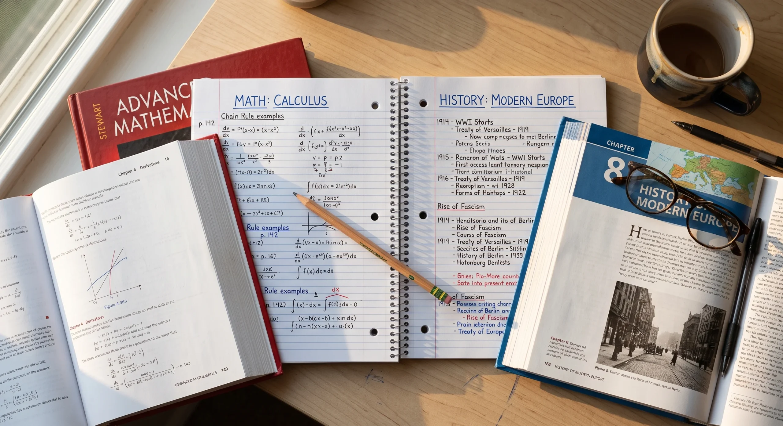 A study desk with two different textbooks open side by side, math and history, a notebook split between both subjects, warm afternoon light, close overhead shot emphasizing the two distinct subjects mixed together.