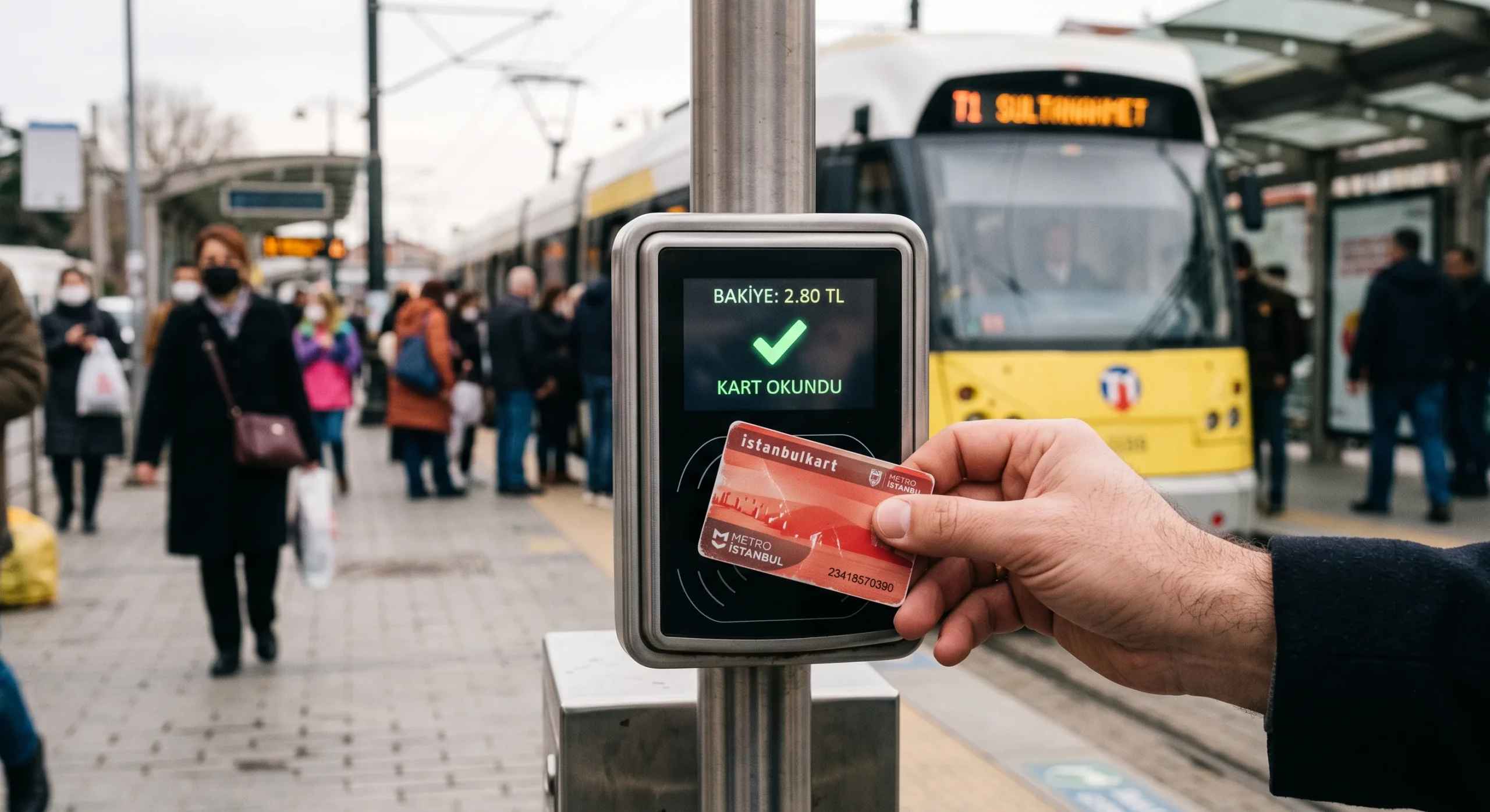 Close-up of a hand tapping an Istanbulkart against a tram ticket reader, blurred tram platform and passengers in the background, soft overcast daylight, shallow depth of field emphasizing the card and reader interaction.