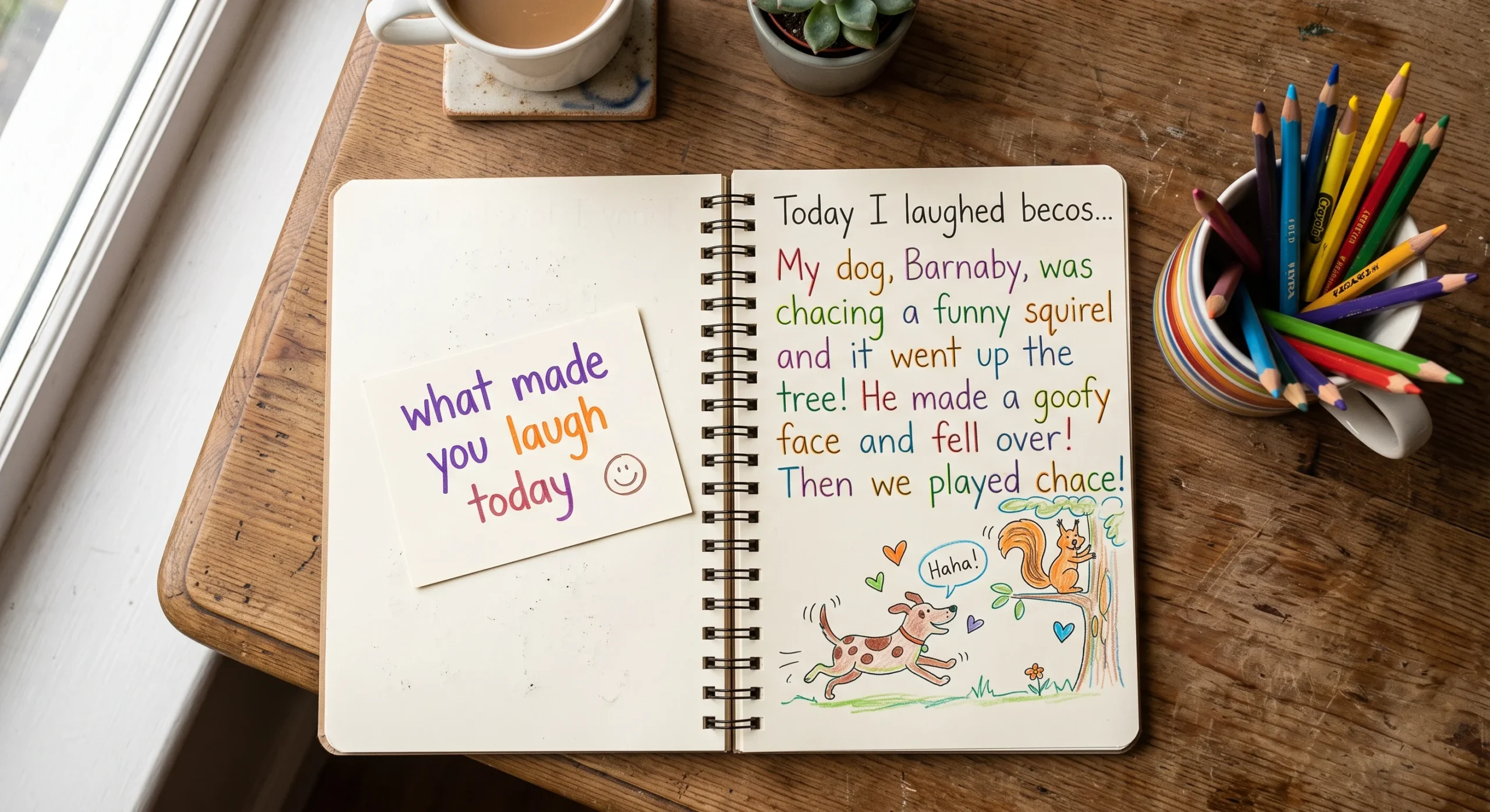 An open journal with a child's handwriting and a small doodle beside a simple prompt card reading 'what made you laugh today', a cup of colored pencils nearby, soft morning light, close overhead shot on a wooden desk.