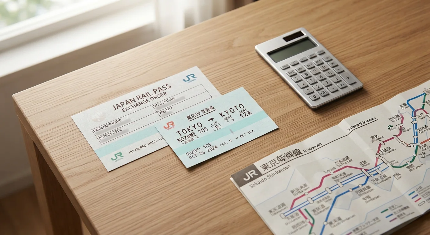 Close-up flat lay of a Japan Rail Pass voucher next to a shinkansen ticket, a small calculator, and a folded route map, soft desk lighting from a window, neutral wood table surface, editorial product-style composition.