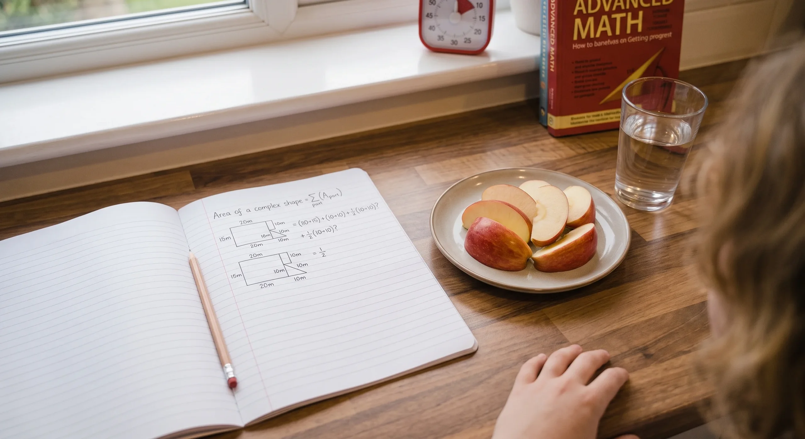 A small plate of sliced apple and a filled water glass placed beside an open homework notebook on a table, warm natural light, close overhead shot emphasizing the snack and the notebook side by side.