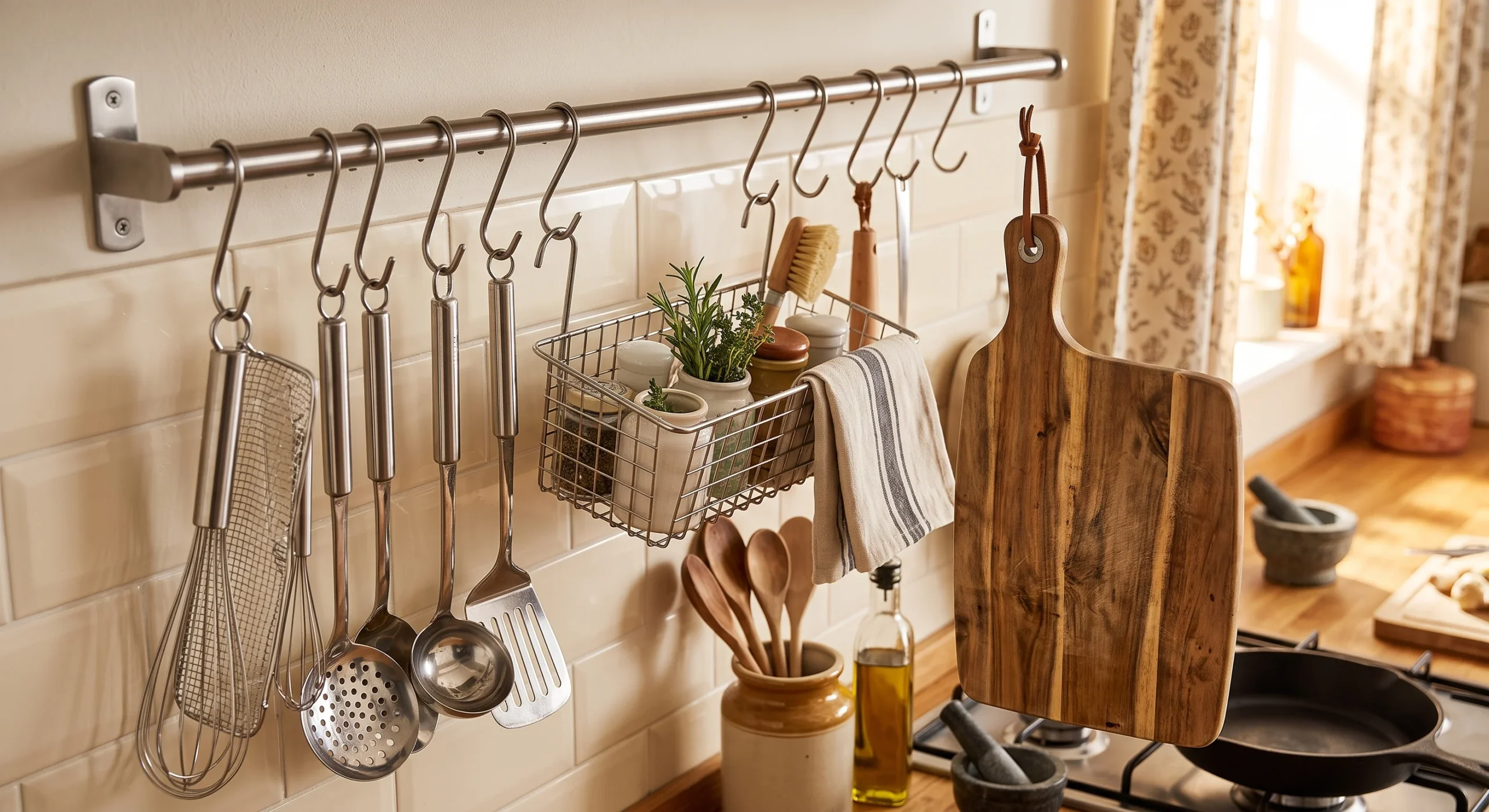 A stainless steel rail mounted above a kitchen counter, hung with S-hooks holding utensils, a small basket, and a cutting board, warm kitchen light, close overhead-angle shot emphasizing vertical hanging storage.