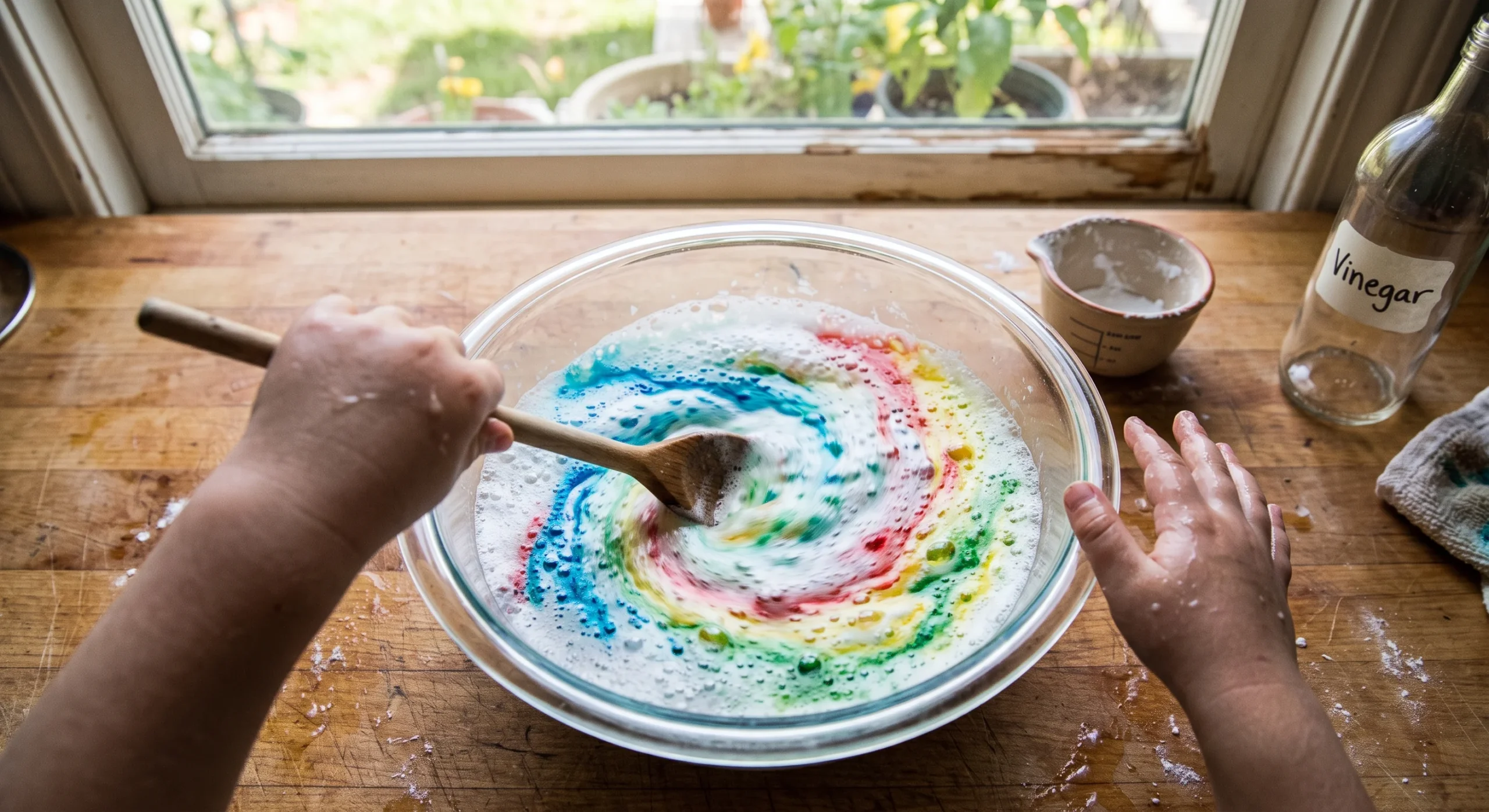 A child's hands mixing baking soda and vinegar in a clear glass bowl on a kitchen counter, colorful food coloring swirling through the fizzing reaction, natural window light, close overhead shot capturing the bubbling moment mid-experiment.