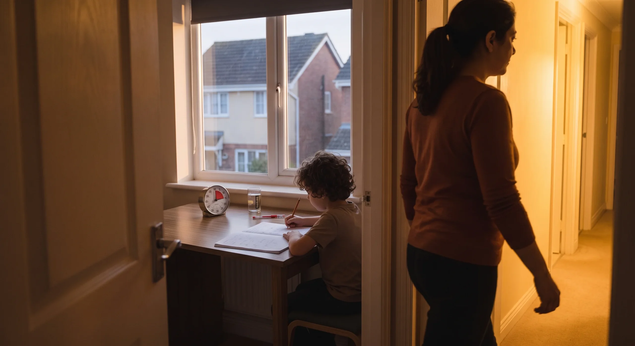 A parent quietly leaving the room while a child continues working independently at a desk, warm hallway light spilling in, wide shot emphasizing the parent's retreating figure and the child's focused posture.