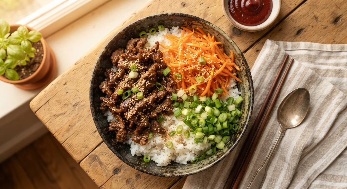 Overhead shot of a Korean beef meal prep bowl with thinly sliced ground beef in a savory glaze, steamed rice, shredded carrots, and green onion, sesame seeds on top, warm kitchen light, vibrant homestyle Asian food photography.