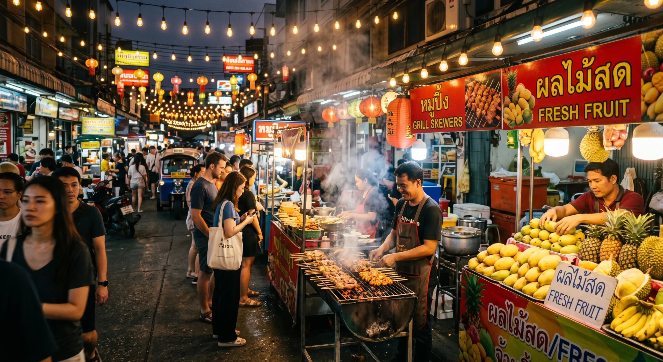 A bustling open-air night market lane lined with food stalls, glowing string lights overhead, grilled skewers smoking on a hot grill, a vendor arranging fresh fruit, warm golden artificial lighting, lively candid street photography feel.