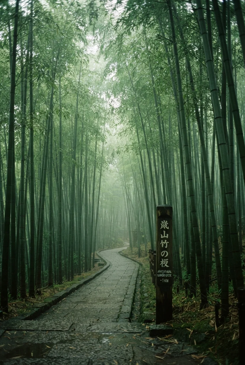 Tall bamboo stalks towering overhead on both sides of a narrow stone path, soft filtered green light, a wooden signpost partway down the trail, misty morning atmosphere, vertical composition emphasizing height and scale of the grove.