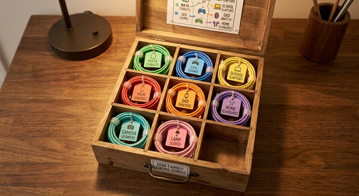 A small labeled organizer box holding neatly coiled charging cables and cords, each tagged with a colored label identifying the device, warm desk light, close overhead shot emphasizing the tidy, labeled coils.