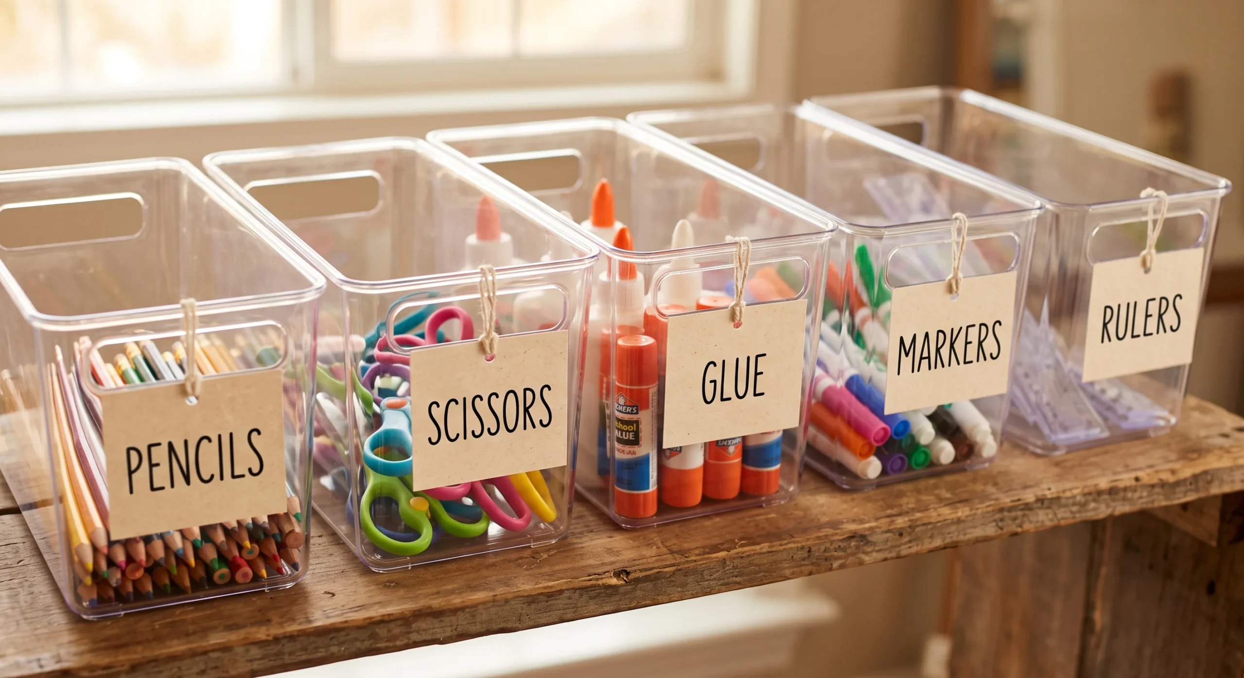 A row of clear plastic bins labeled with simple word tags — pencils, scissors, glue — arranged on an open shelf, warm natural light, close overhead shot emphasizing the clear labeling and visible contents.