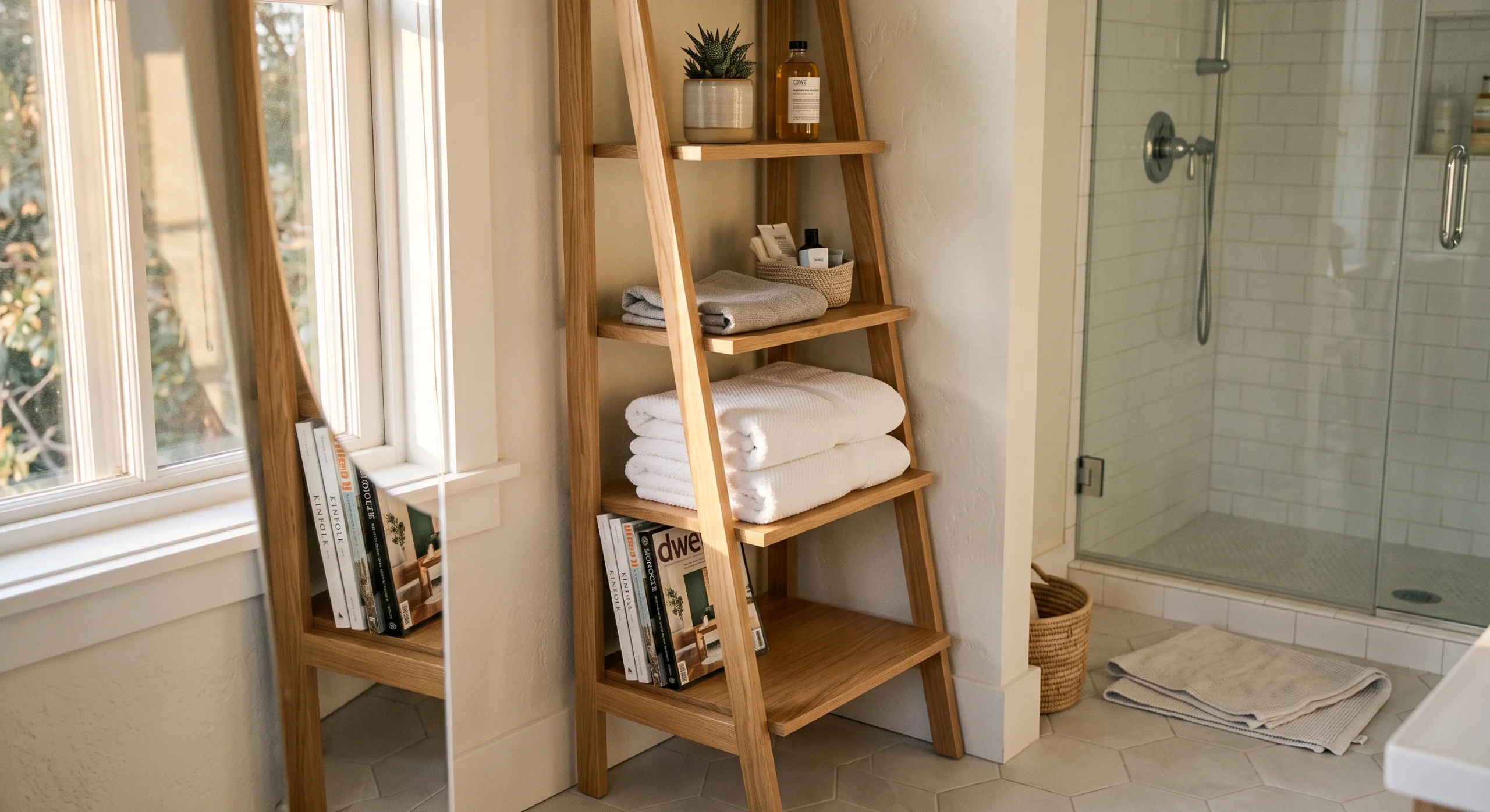 A slim ladder-style shelf unit standing in the corner of a bathroom, holding folded towels and a small stack of magazines, warm natural light, close angled shot emphasizing the unit's narrow footprint and open shelving.