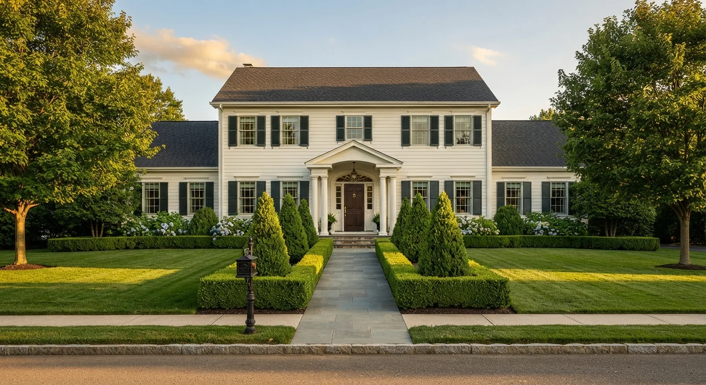 Wide exterior photograph of a Colonial home with formal, symmetrical boxwood hedges and a centered front walkway, manicured lawn, warm afternoon light, classic formal landscape photography composition.