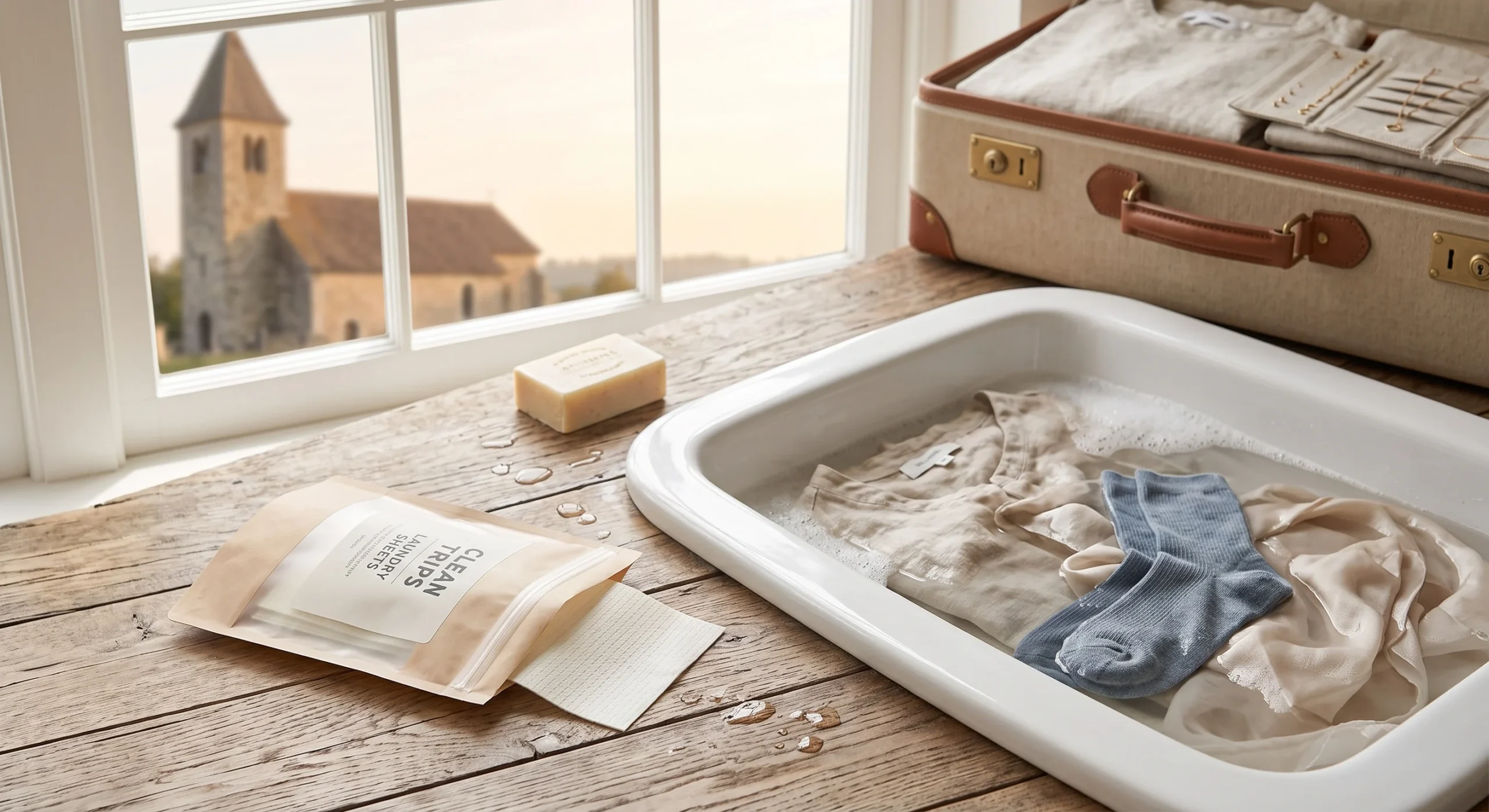 A small zip pouch of thin laundry detergent sheets resting on the edge of a hotel bathroom sink, a few clothing items soaking in shallow water nearby, soft daylight, practical close-up still life composition.
