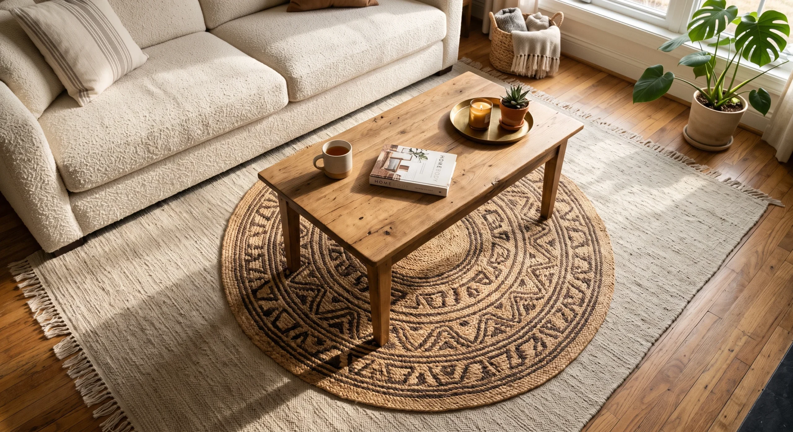 A small patterned jute rug layered on top of a larger neutral flatweave rug beneath a wooden coffee table, warm natural light streaming across the floor, cream sofa edge visible in frame, textured cozy mood, low overhead camera angle.