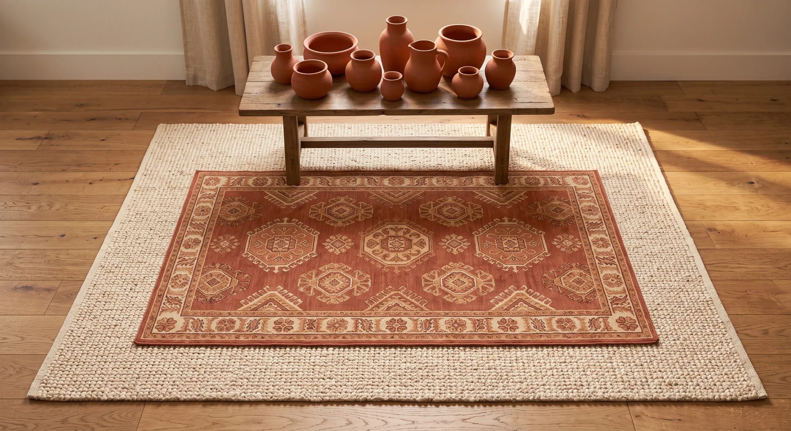 A cream jute rug layered beneath a smaller terracotta-patterned rug, warm afternoon light, wide overhead shot emphasizing the two textures and tones working together on the floor.