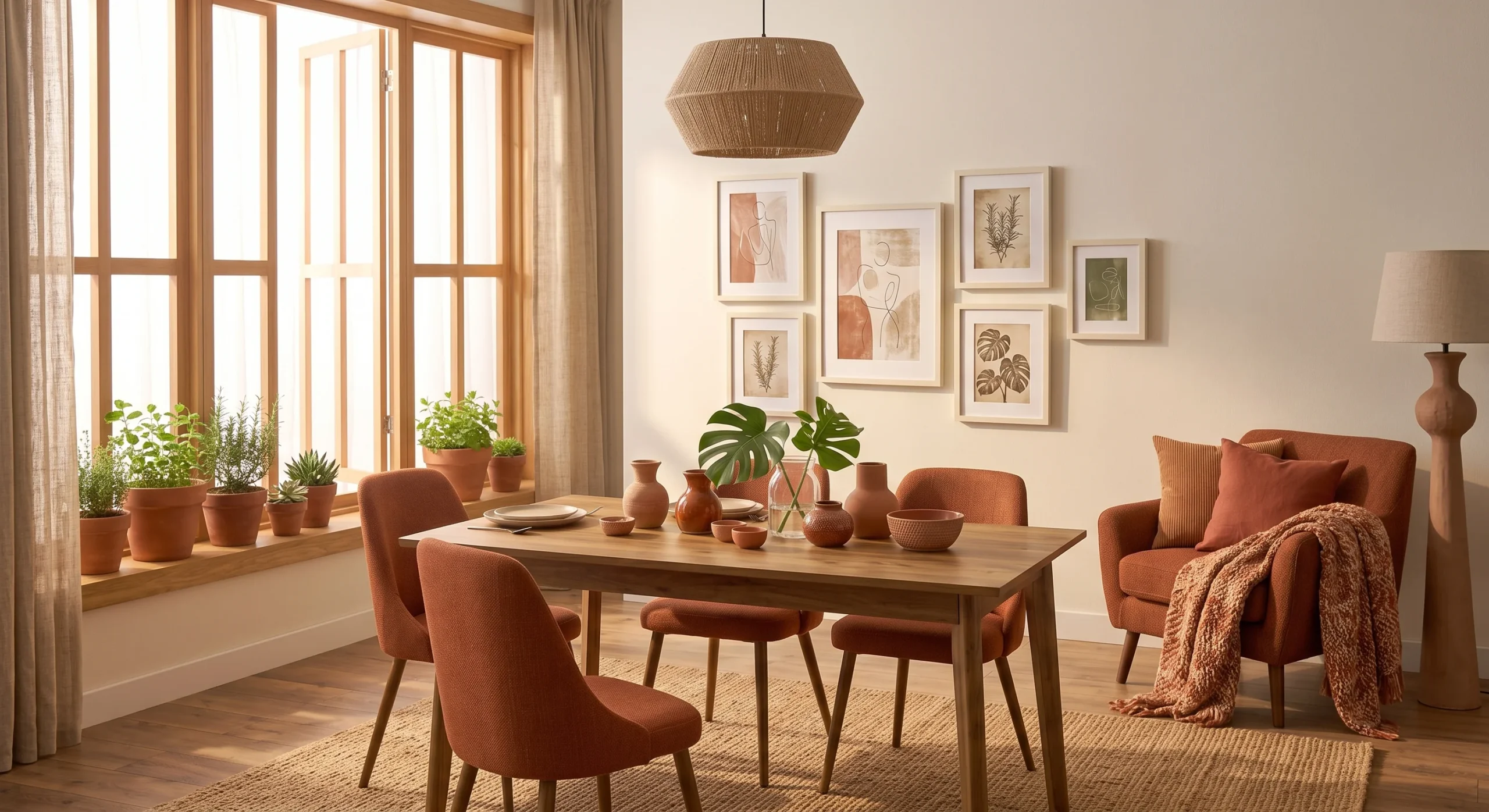 Multiple shades of terracotta, rust, and clay arranged together through pillows, pottery, and a throw in one room, warm afternoon light, wide shot emphasizing the range of tones working together cohesively.