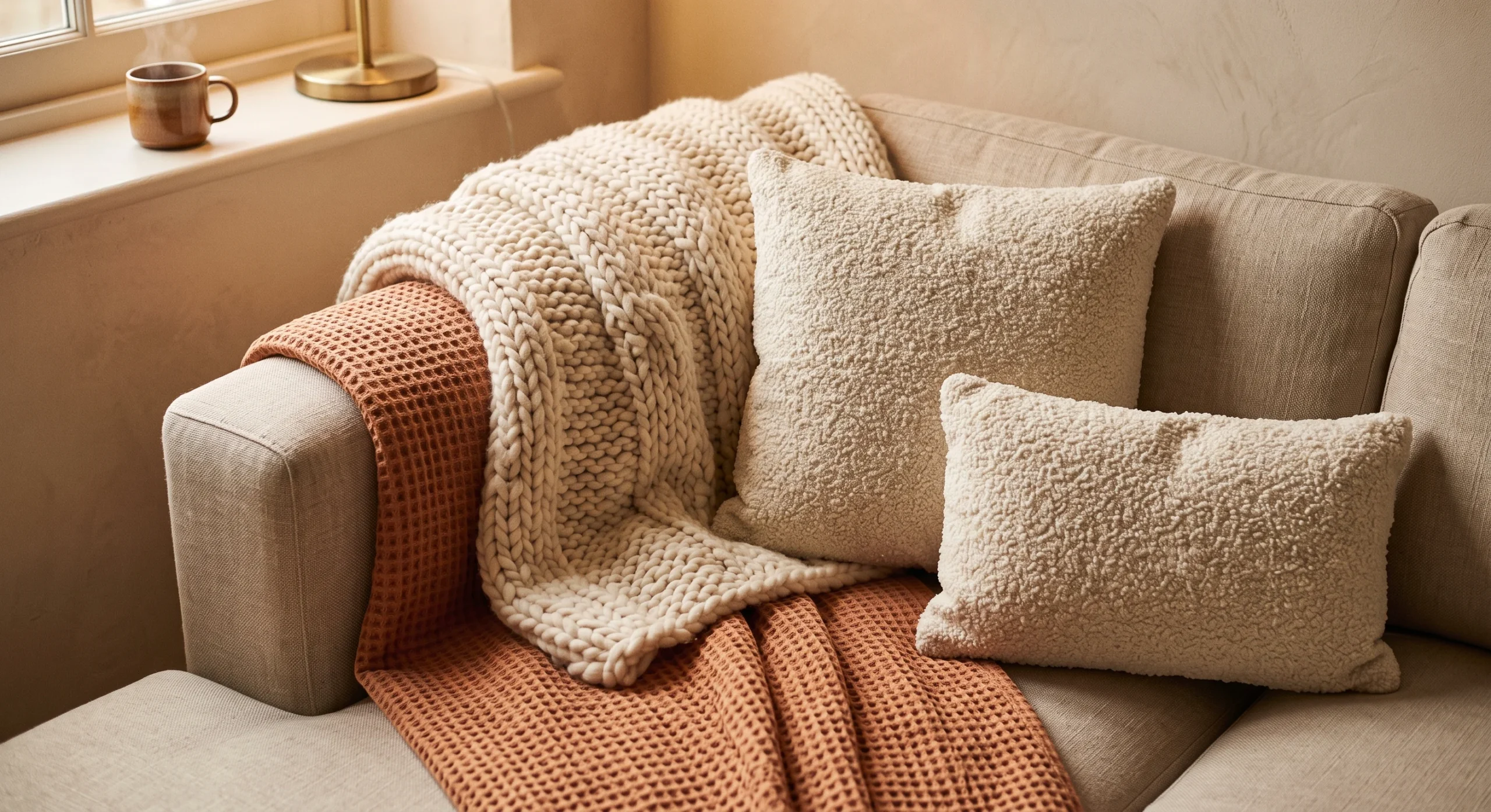 Close-up of a neutral linen sofa corner layered with a chunky knit cream throw, a thin waffle-weave terracotta blanket, and two bouclé cushions, warm soft-glow lighting, shallow depth of field, cozy textured mood, slightly angled overhead perspective.
