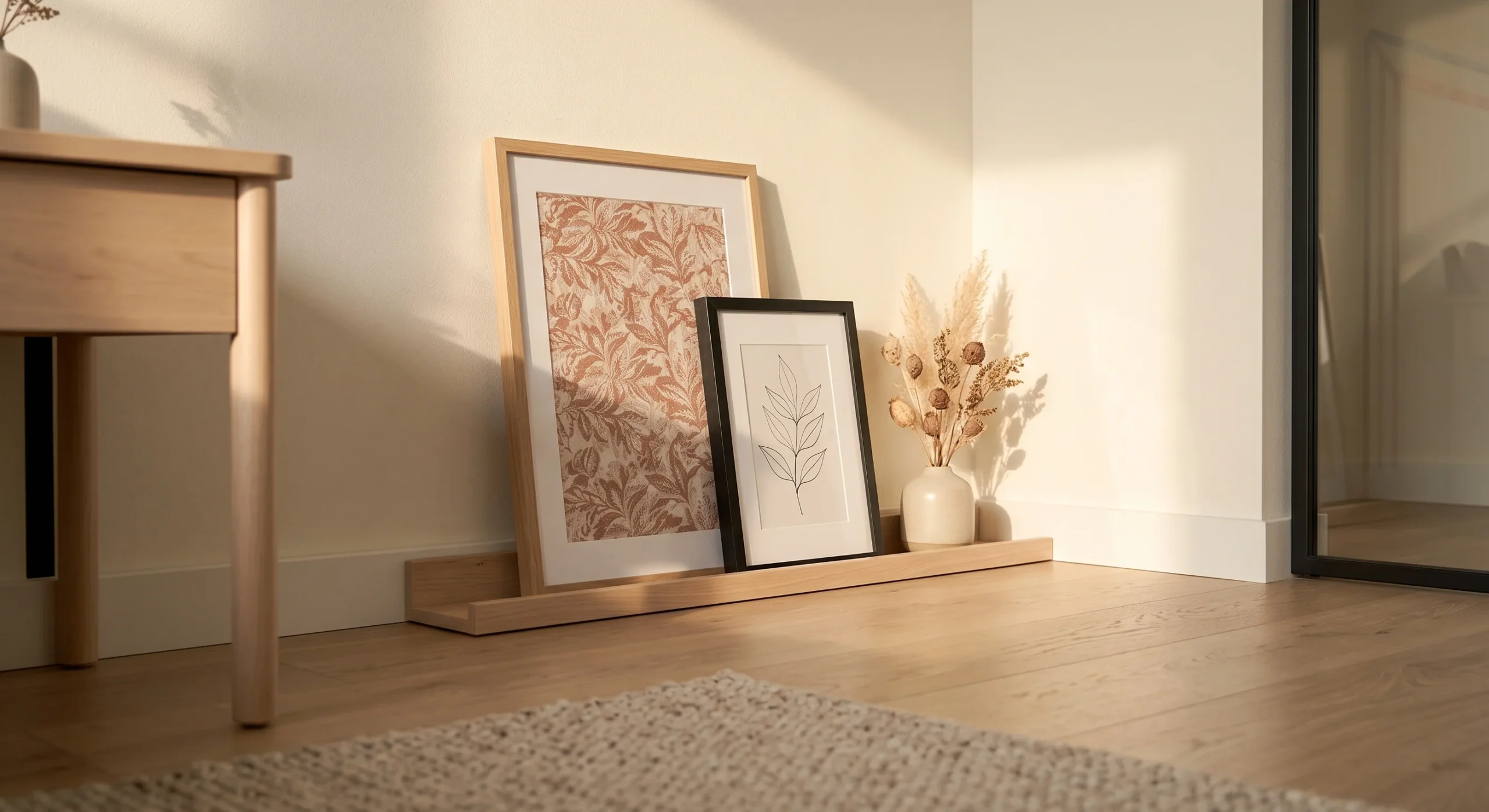 A slim wood ledge leaning against a cream wall in a corner, holding two overlapping framed botanical prints and a small ceramic vase, warm afternoon light from a nearby window, floor-level shot emphasizing the shelf's floor contact rather than wall mounting.