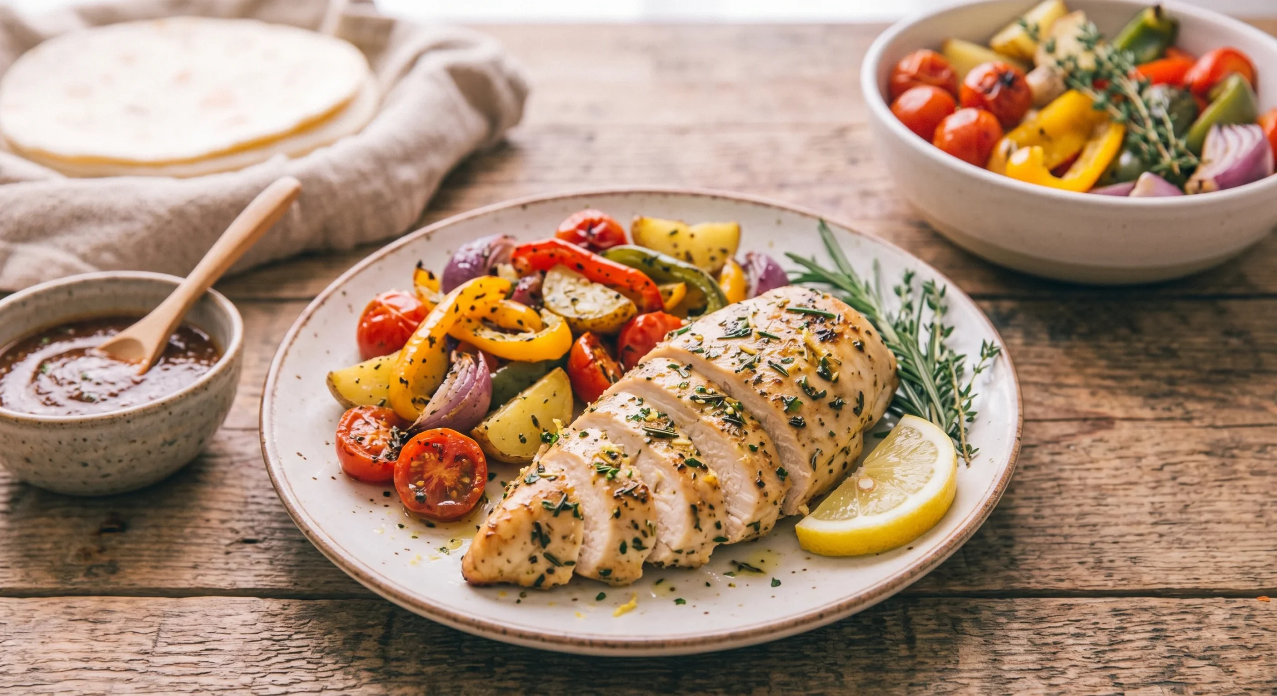 A golden lemon-herb marinated chicken breast sliced on a plate with roasted vegetables, fresh herb sprigs and a lemon wedge nearby, warm bright kitchen light, clean everyday dinner composition.