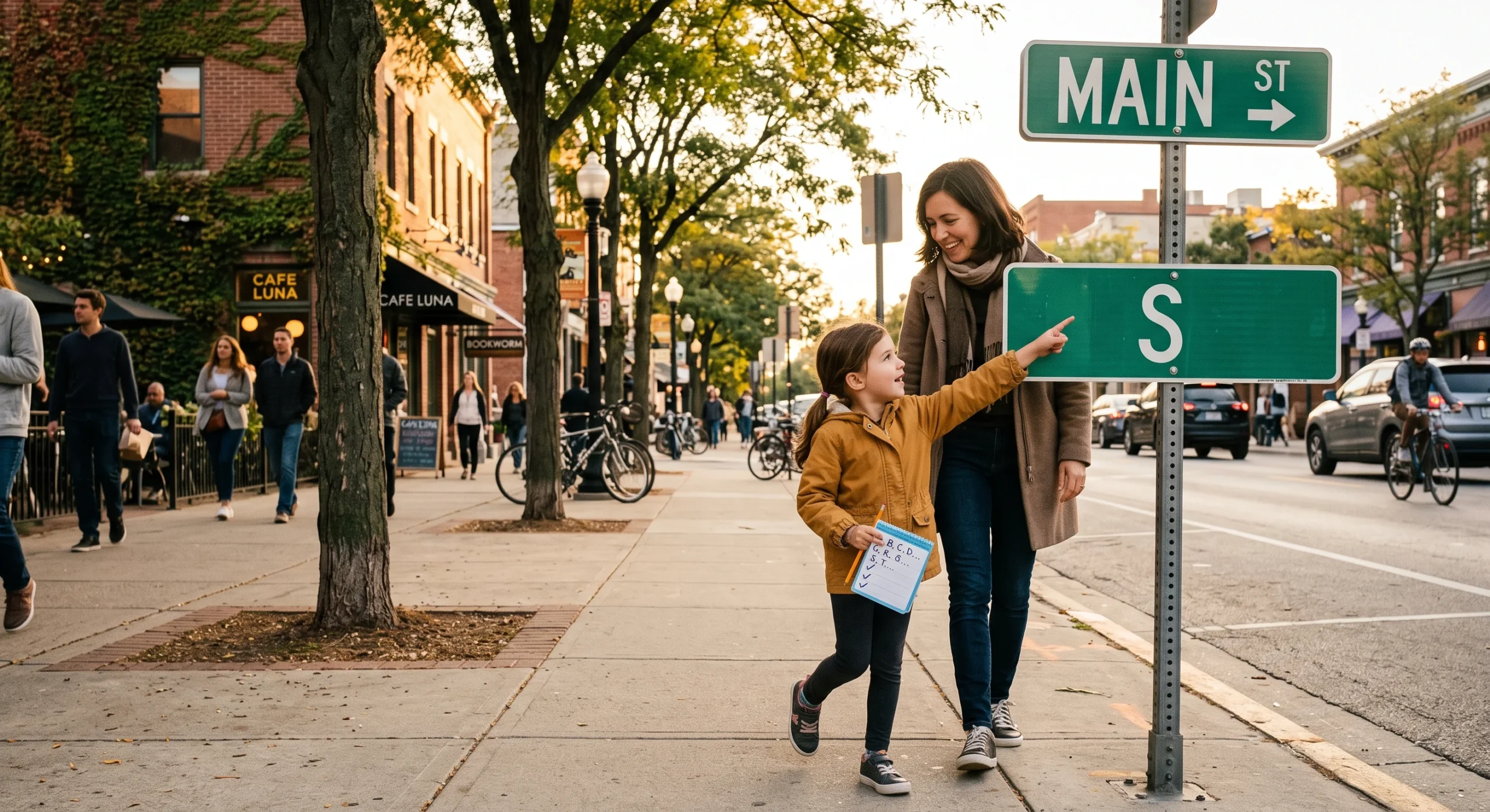 A child pointing at a street sign letter while walking with a parent, a small checklist notepad in hand, warm late-afternoon light, wide sidewalk shot capturing the walk and the moment of discovery.