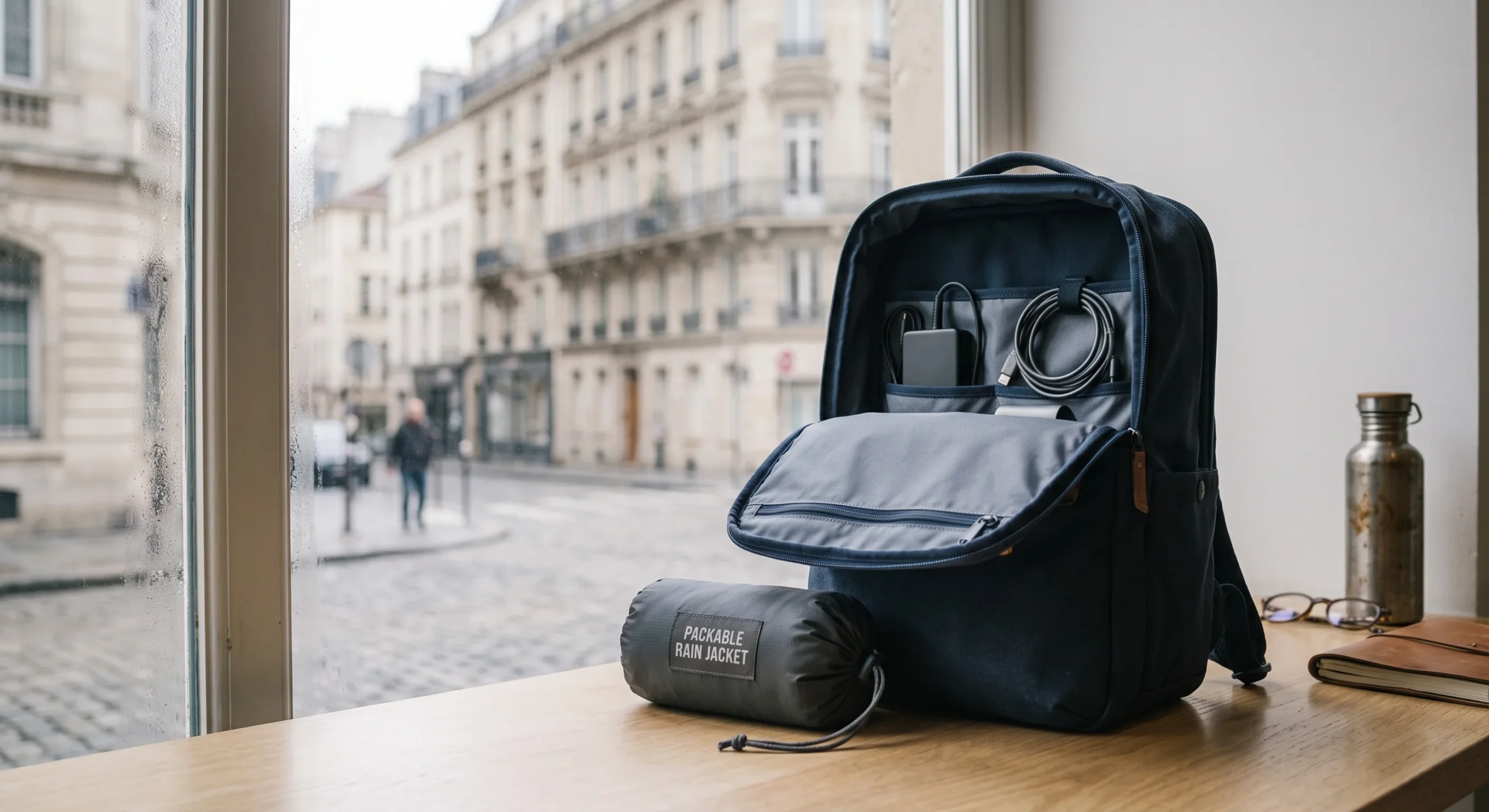 A packable rain jacket compressed into its small carry pouch resting beside an open backpack, soft overcast window light, a European city street faintly visible through a nearby window, practical travel-prep still life.
