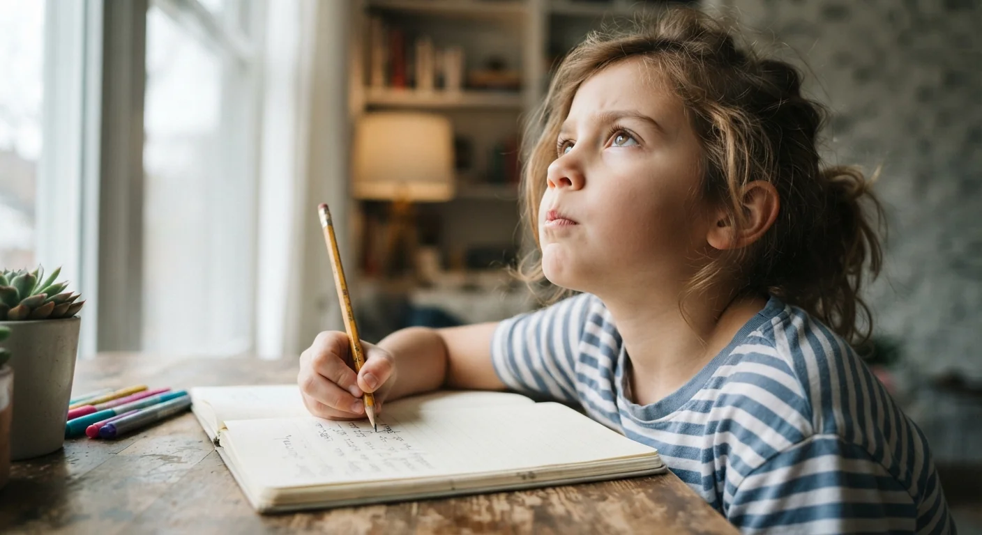 A child pausing mid-sentence while writing a journal entry, staring at the ceiling searching for a word, soft natural window light, close angled shot emphasizing the paused pencil and thoughtful expression.