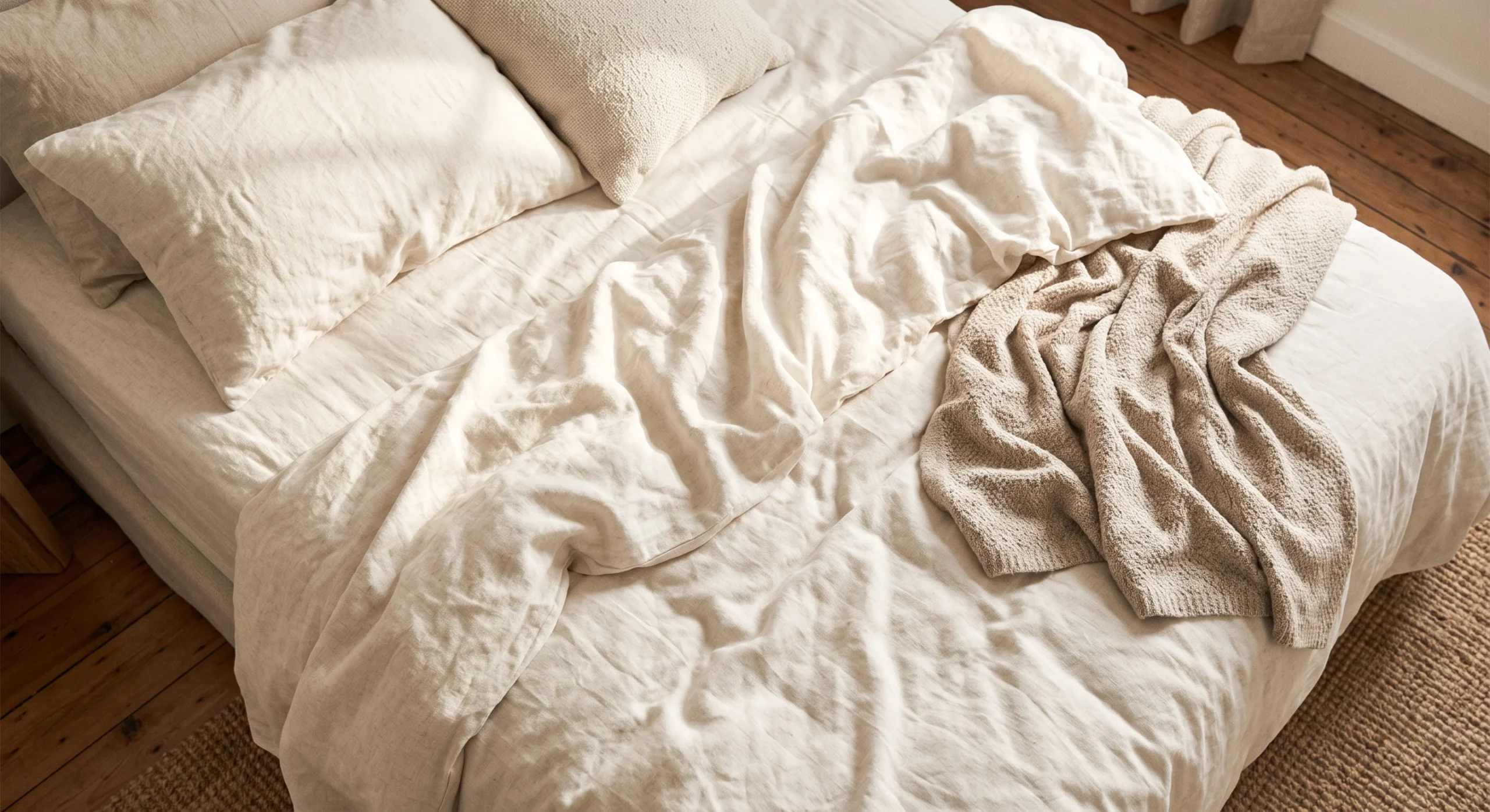 Rumpled cream linen bed sheets on an unmade bed, soft morning light streaming across the wrinkled fabric, close overhead shot emphasizing the linen's natural texture and slightly imperfect, lived-in look.