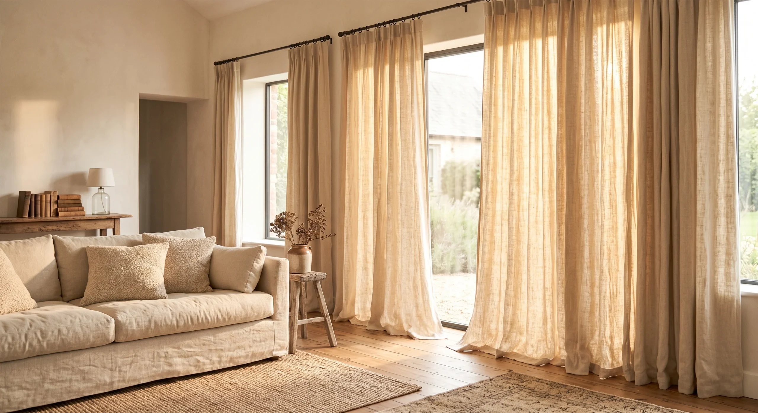 Floor-length cream linen curtain panels beside a sunlit window, soft natural light filtering through the loosely woven fabric, wide shot emphasizing the panels' gentle movement and warm, textured glow.